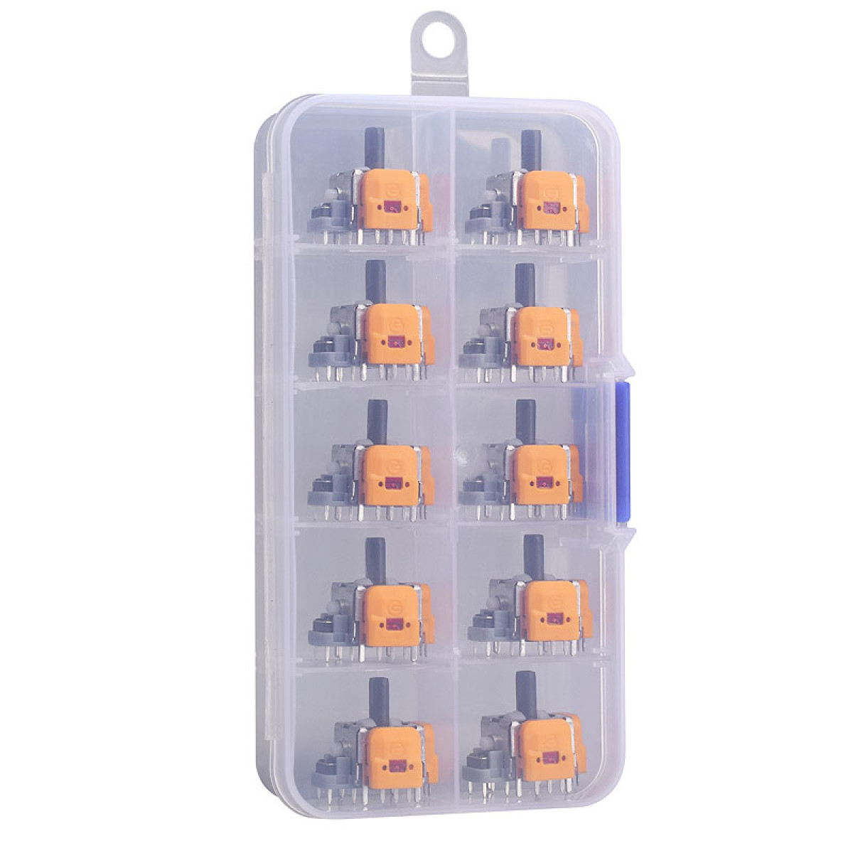 Clear plastic box filled with orange and gray mechanical switches.
