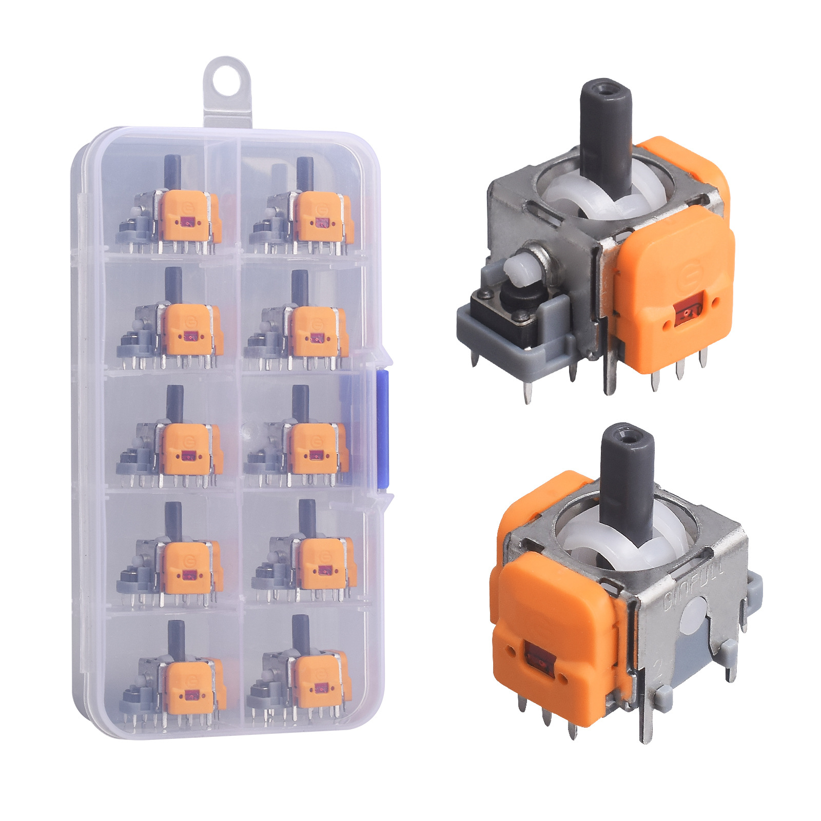 A set of orange and gray joystick components in a clear plastic case and two assembled joysticks.