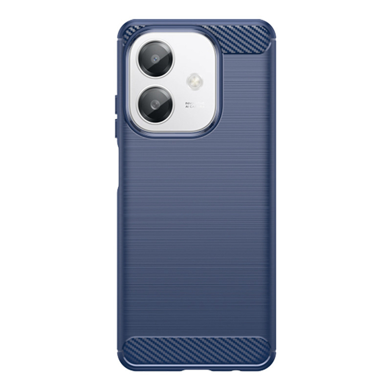 Blauwe telefoonhoes met een gestructureerd ontwerp en dubbele cameralenzen.