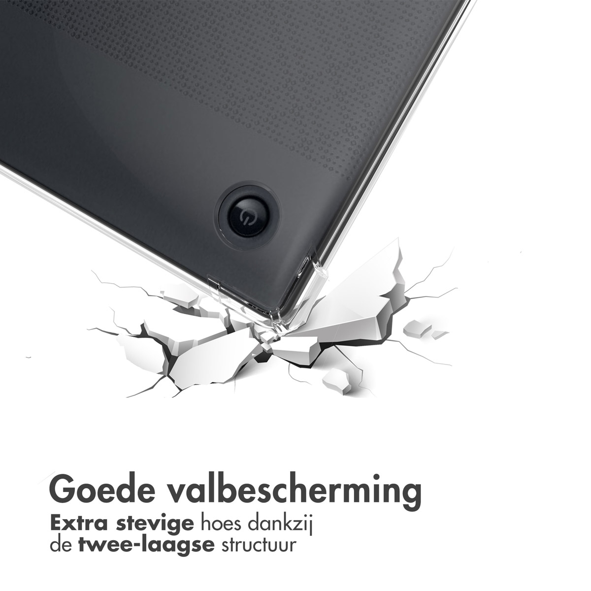 Une coque de téléphone, avec la partie arrière cassée, montrant une surface fissurée. Texte en néerlandais sur la protection.