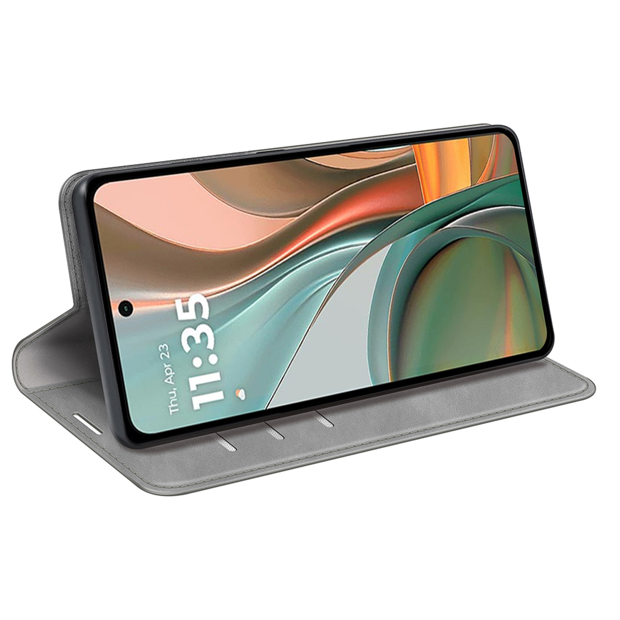Open telefoonhoes, toont een telefoon met de tijd op het scherm, in een grijze hoes.