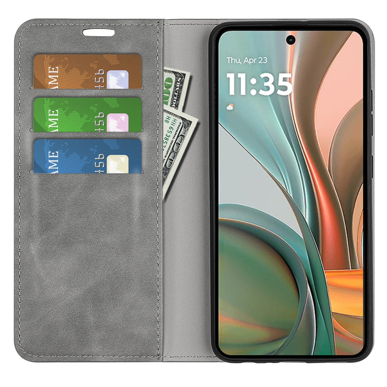 Grijze telefoonhoes, open. Telefoon toont startscherm. Kaarten en contant geld in vakken.