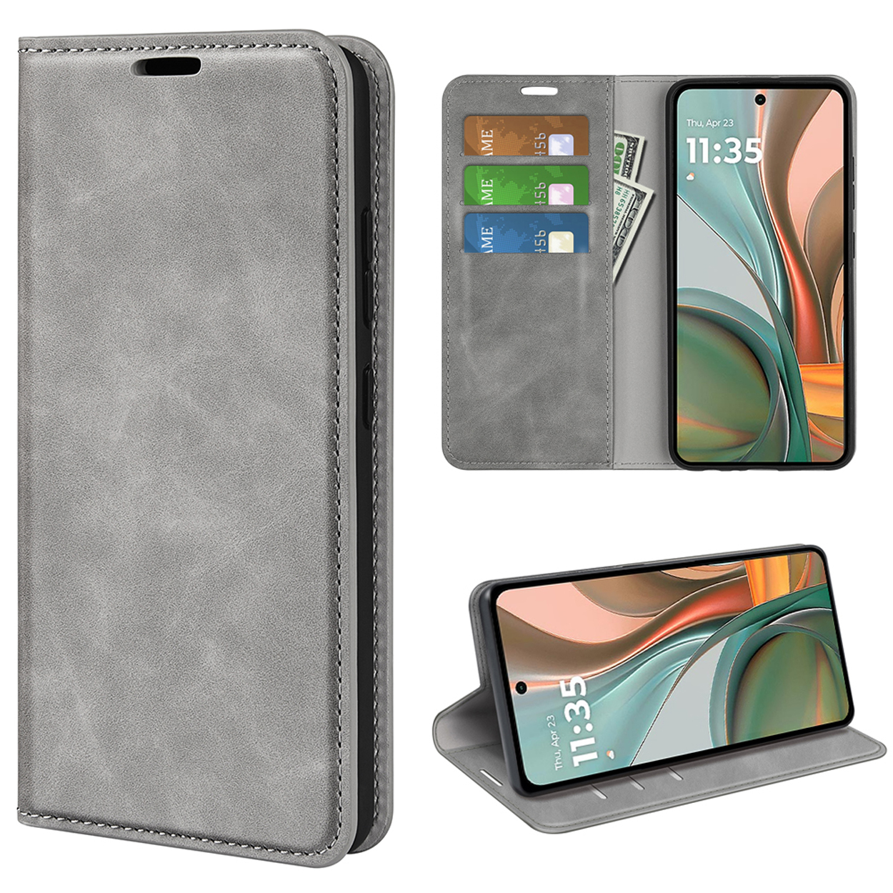 Grijze telefoonhoes met telefoon erin. Toont telefoon in meerdere posities. Heeft kaartsleuven en een magnetische sluiting.