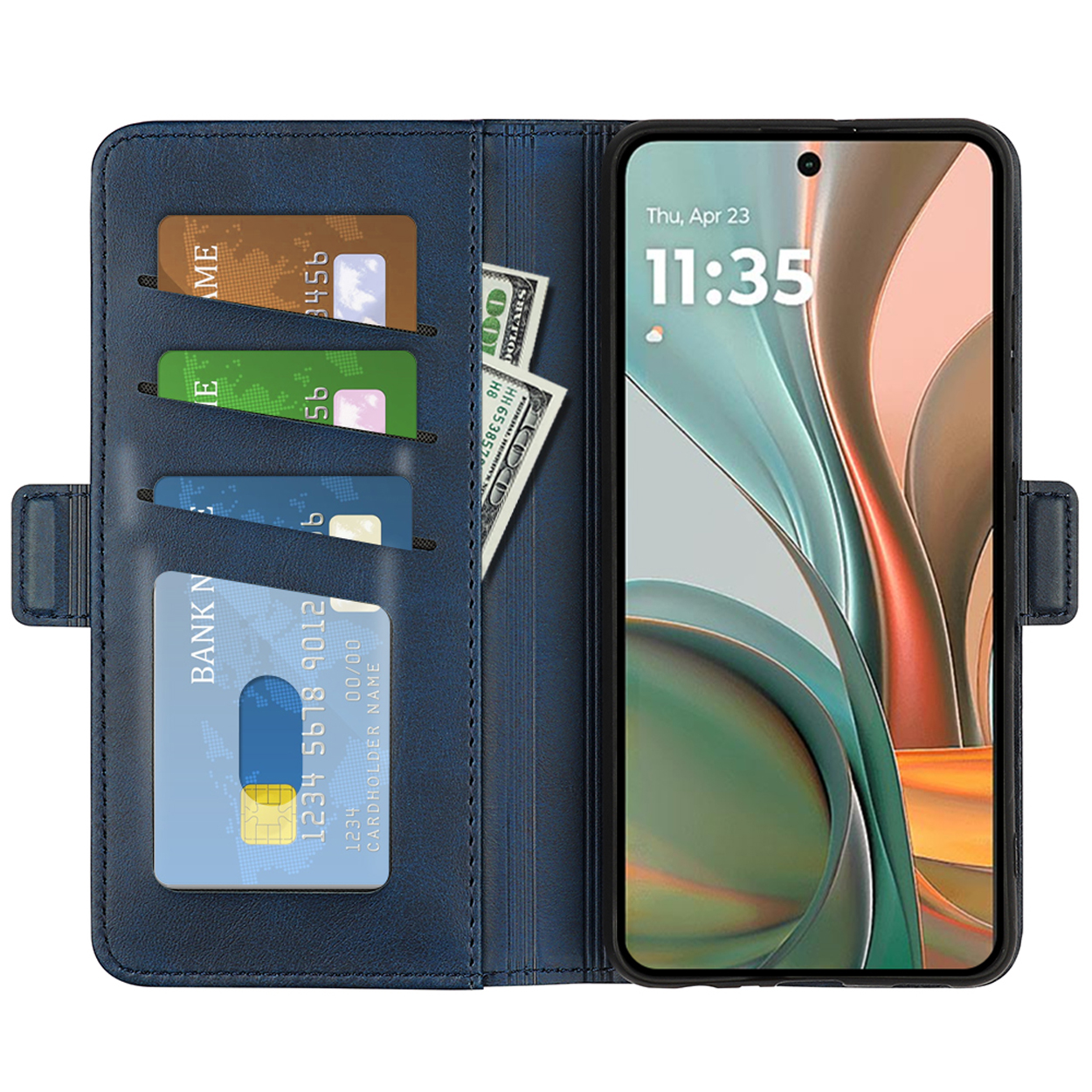 Een open blauwe telefoonhoes met een telefoon die de tijd weergeeft. Er zitten kaarten en contant geld in.