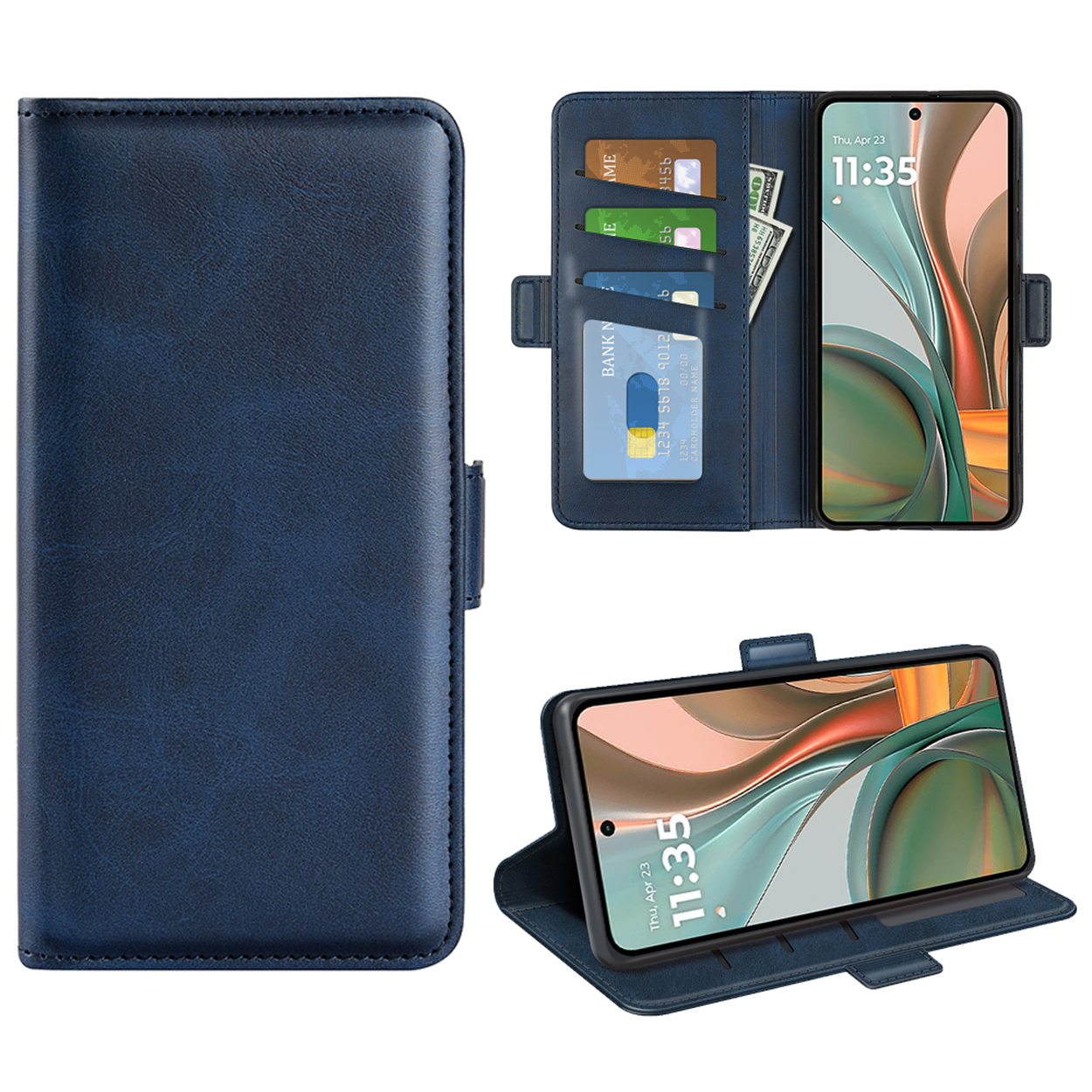 Een blauwe telefoonhoes, open en dicht, met een telefoon erin, met kaarten en een biljet.