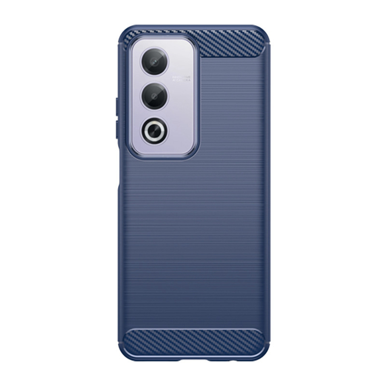 Coque de téléphone bleue, dos texturé et découpes caméra, sur fond blanc.