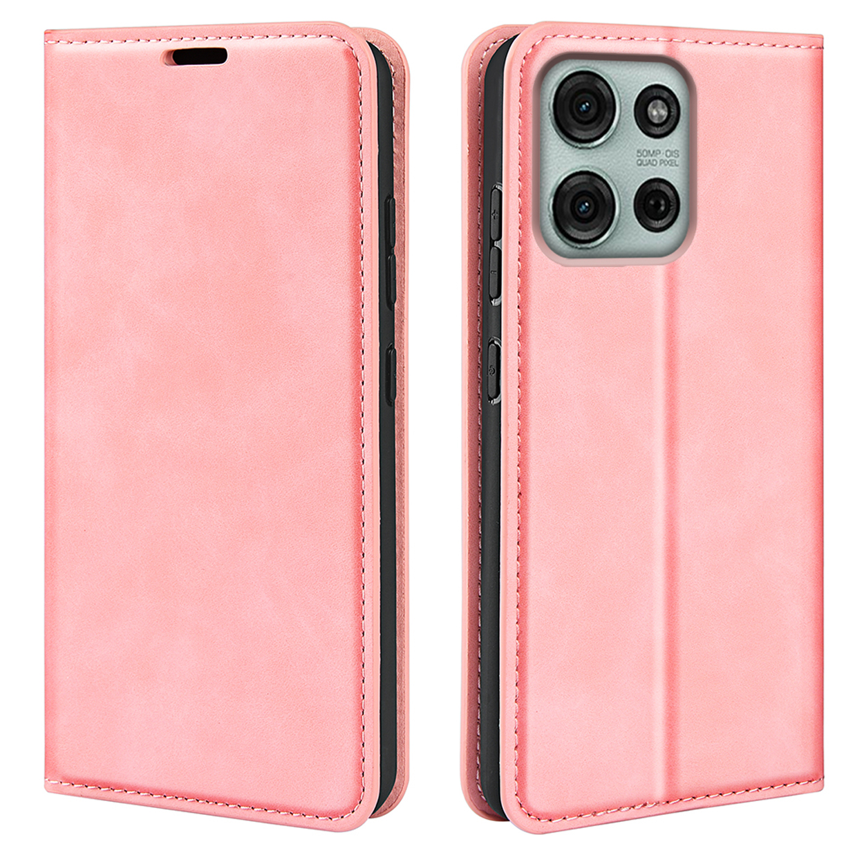 Roze telefoonhoes, gesloten en open, onthult de cameralenzen van de telefoon.