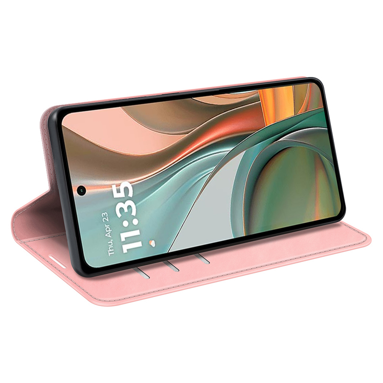 Telefoon in roze hoes. Het scherm toont de tijd.