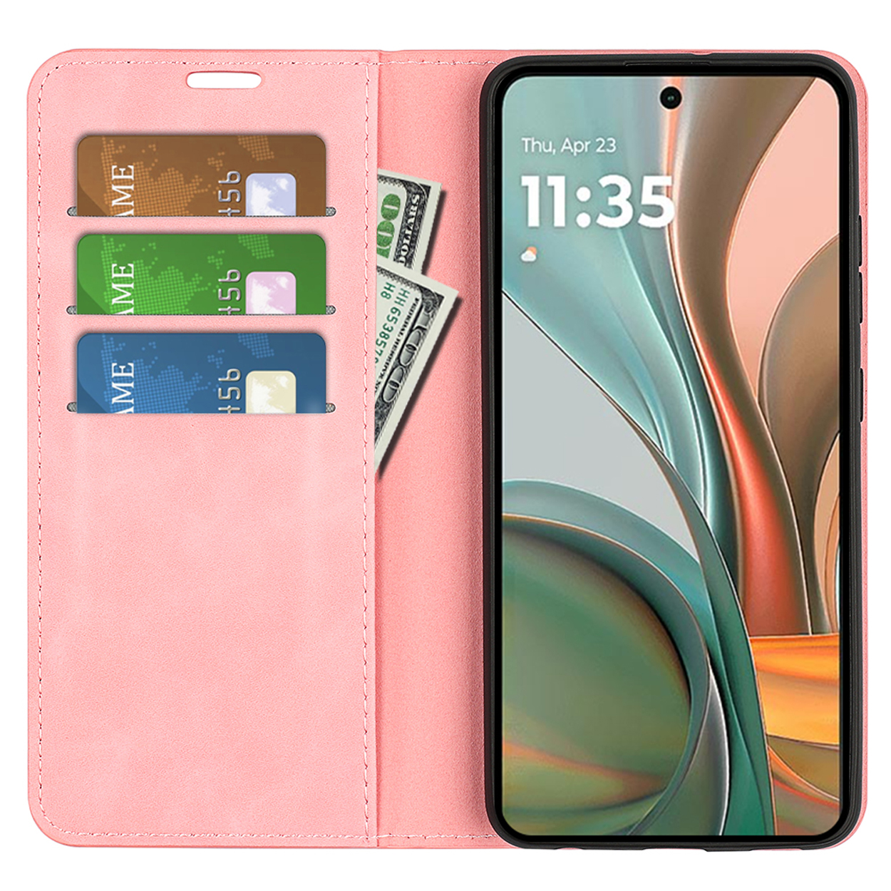 Roze telefoonhoes, telefoon met kaarten en geld zichtbaar, open.
