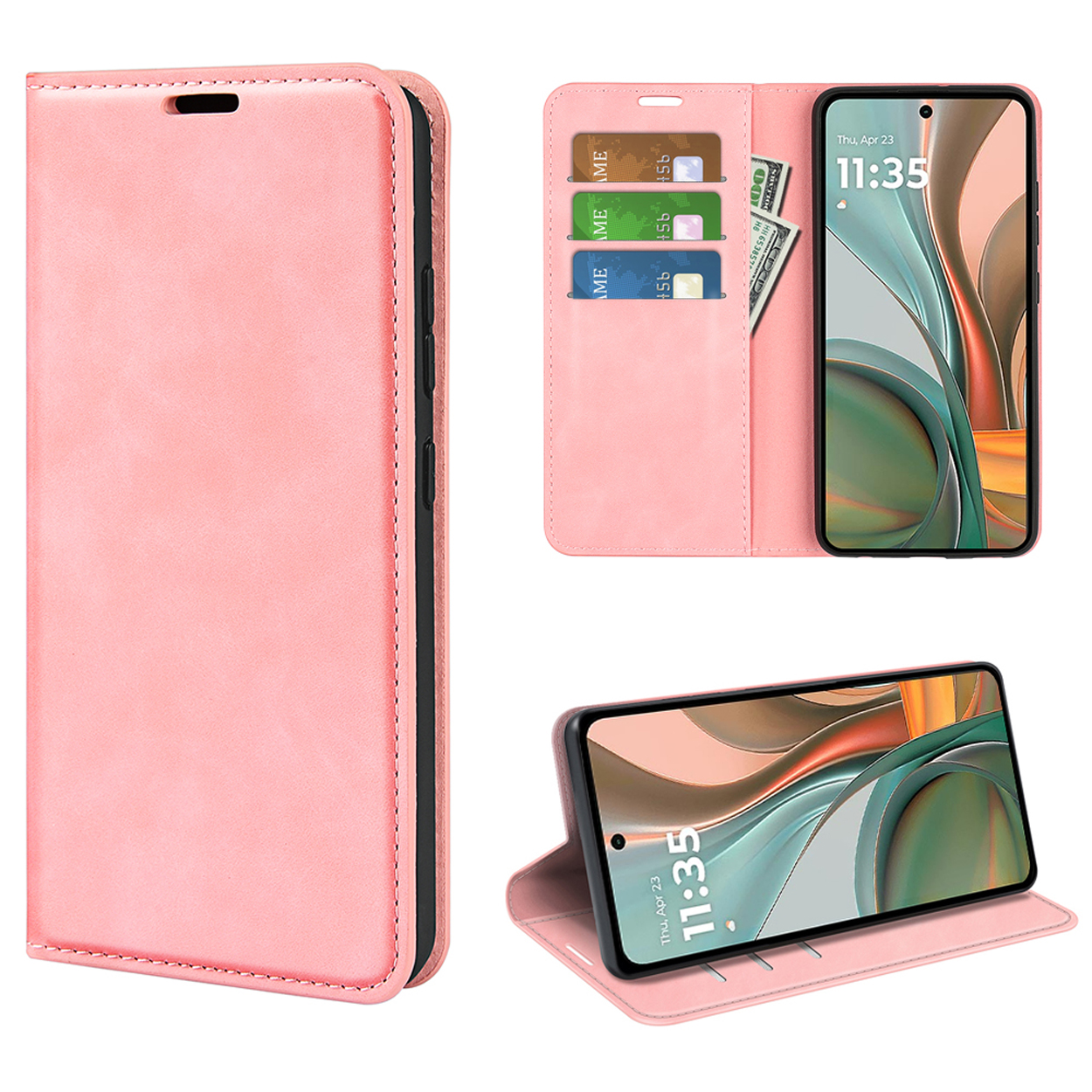 Een roze leren telefoonhoes, open, met een telefoon met kaarten en een biljet. De telefoon toont 11:35.
