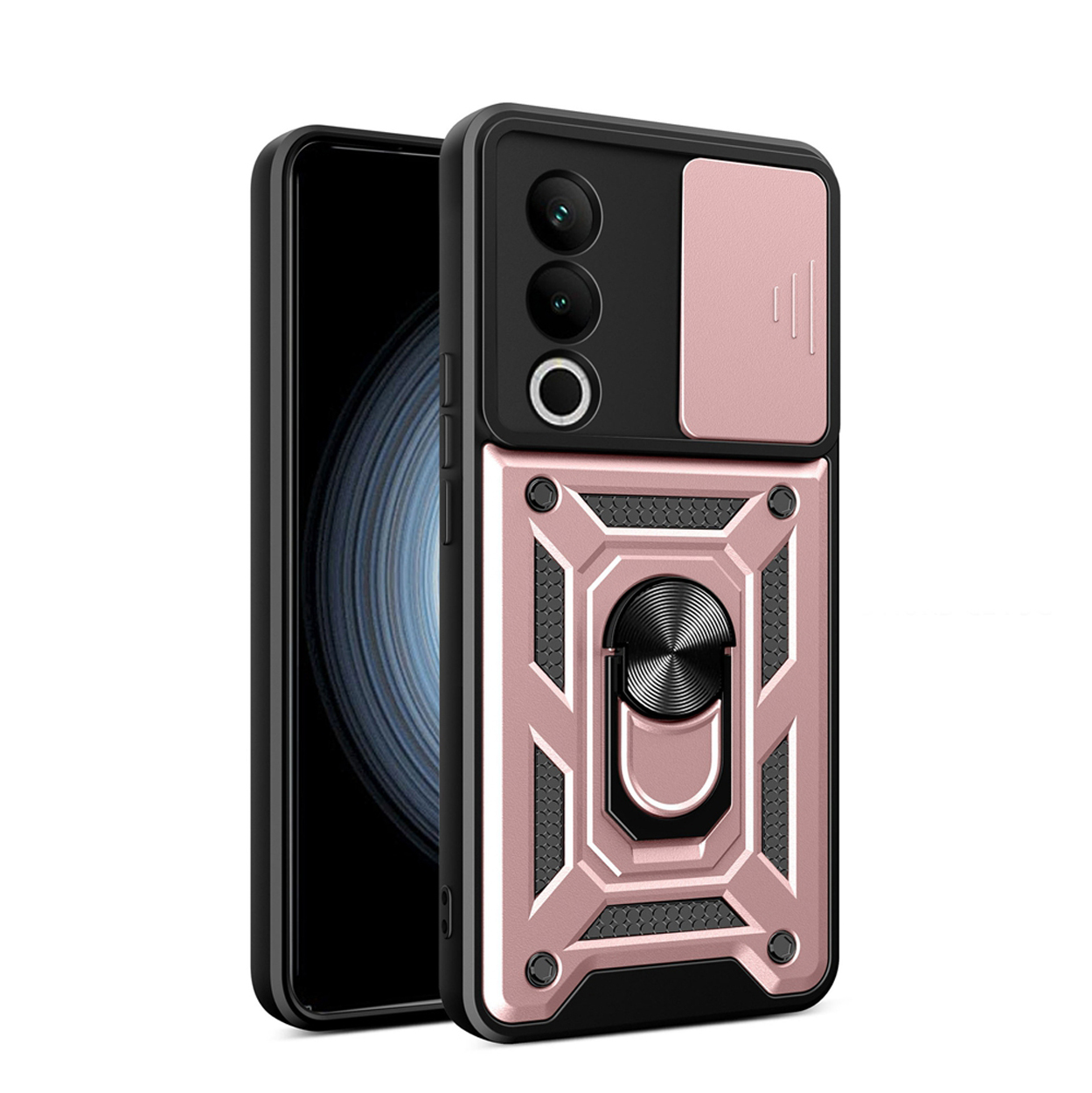 Een roze en zwarte telefoonhoes met een ringhouder en cameralensafdekking. Op een witte ondergrond.