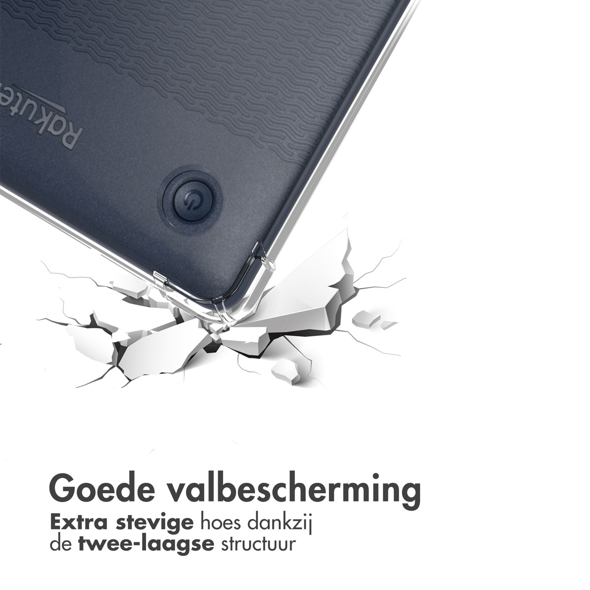 Phone case breaking a white surface, with text about fall protection in Dutch.