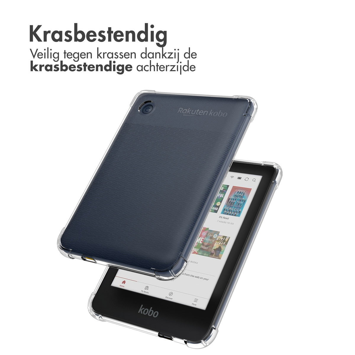 Clear case around a black e-reader. Text reads: Rakuten kobo. The case is on a white surface.