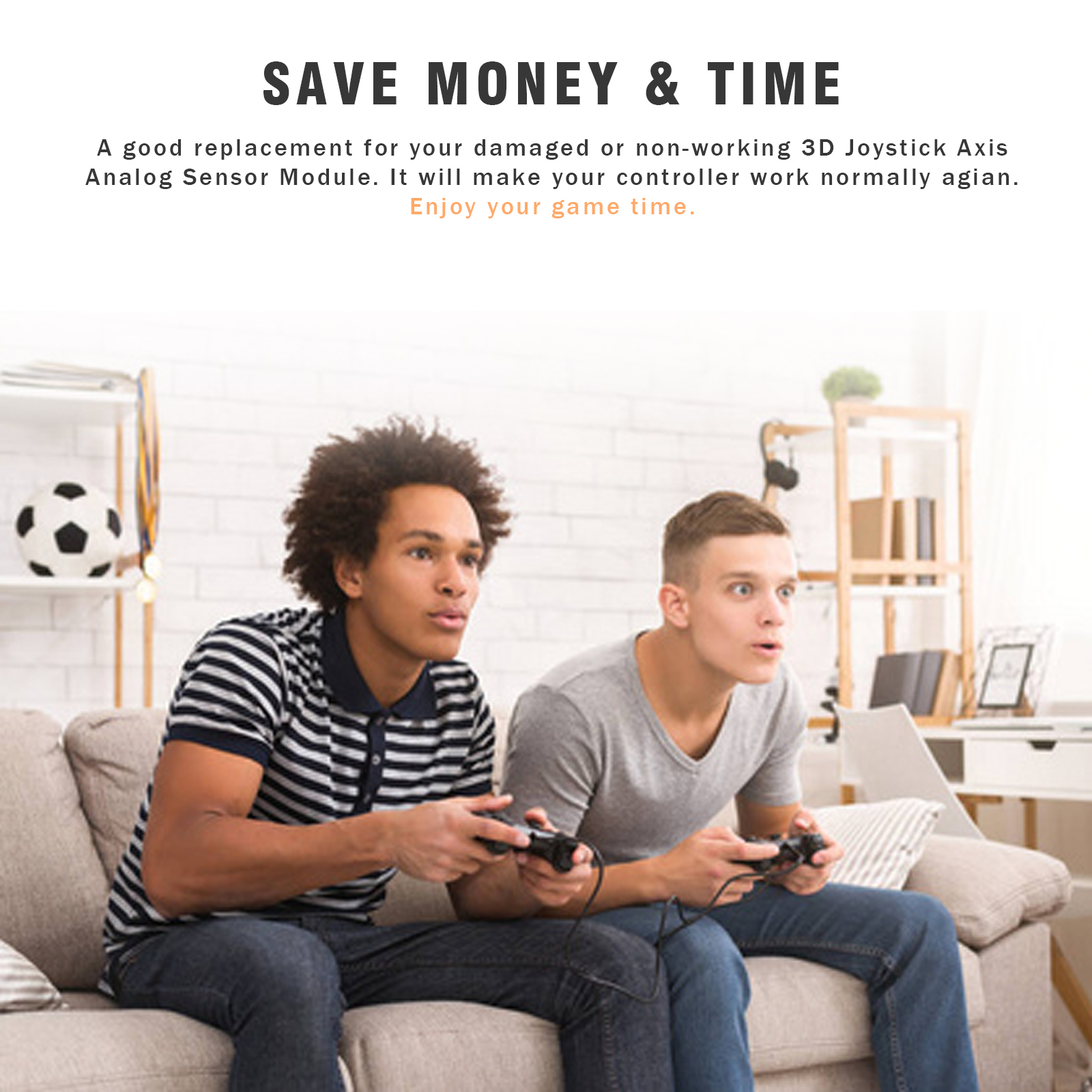 Two young men on a couch playing video games with controllers. Text overlay: Save Money & Time.