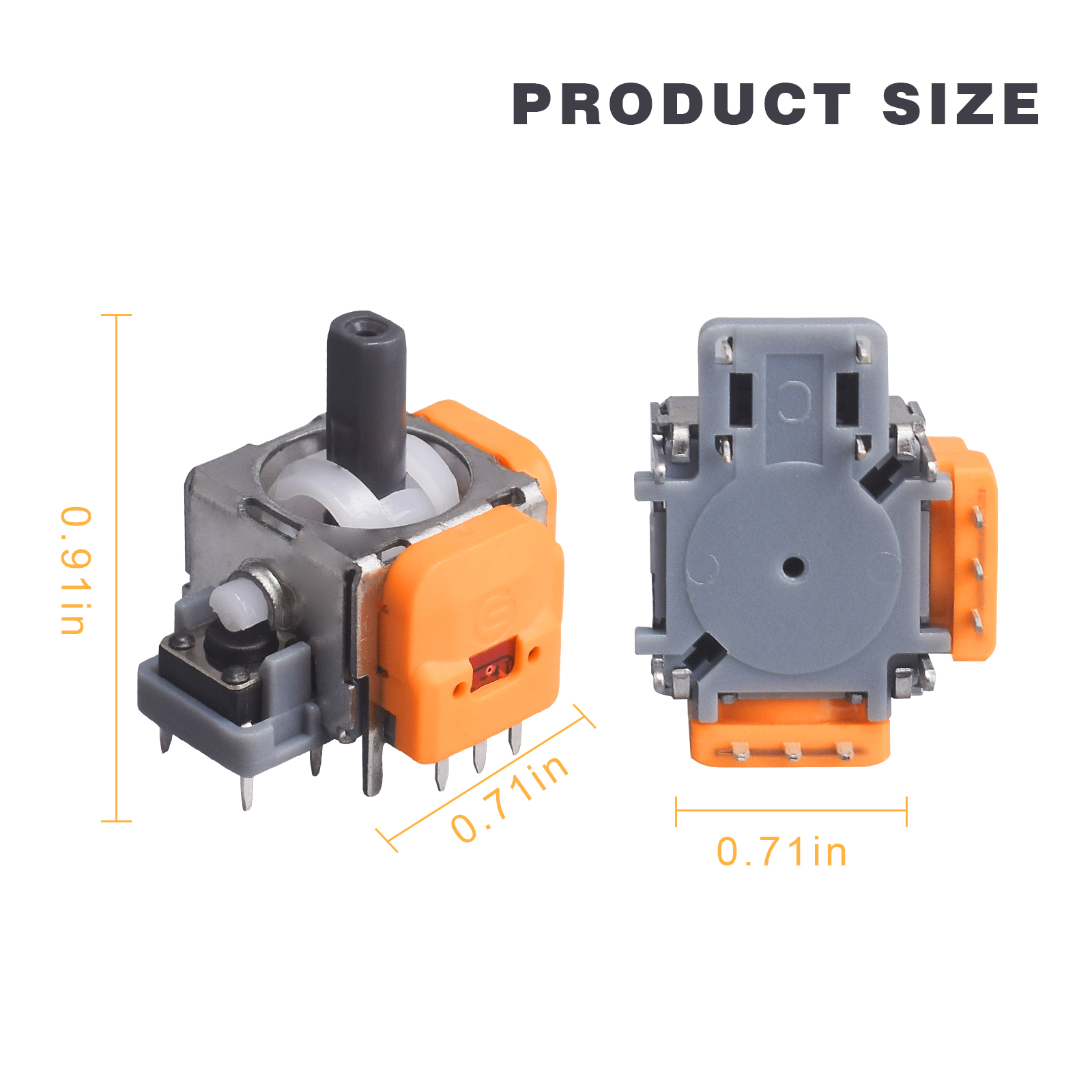 Two orange and gray joystick modules with size measurements in inches.