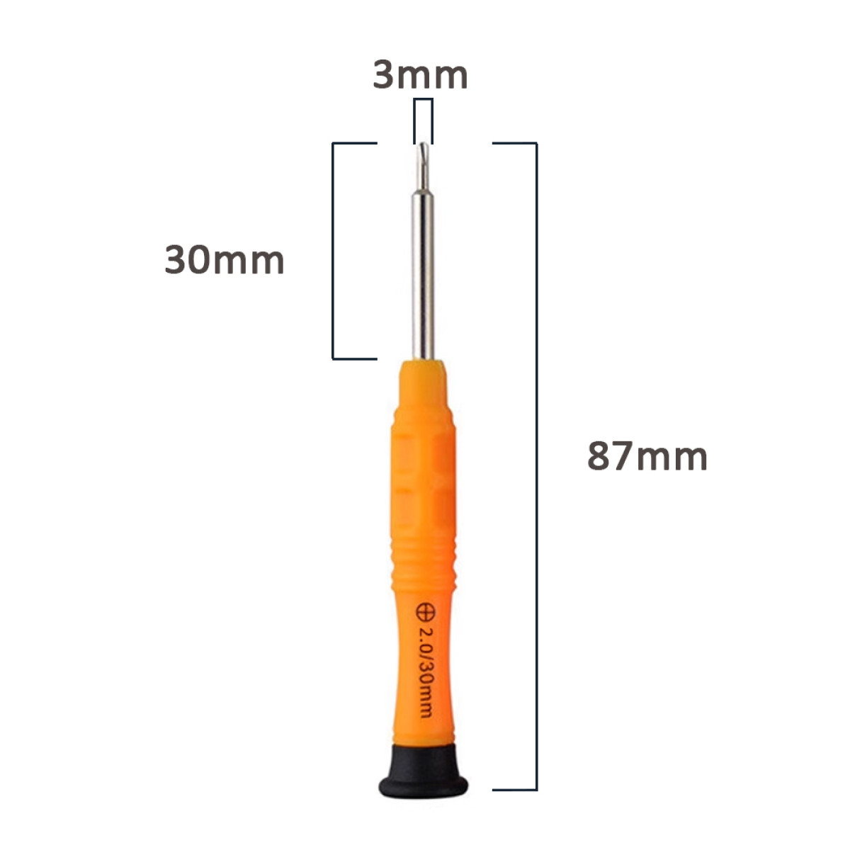 Pomarańczowy i srebrny śrubokręt z wymiarami na białym tle.