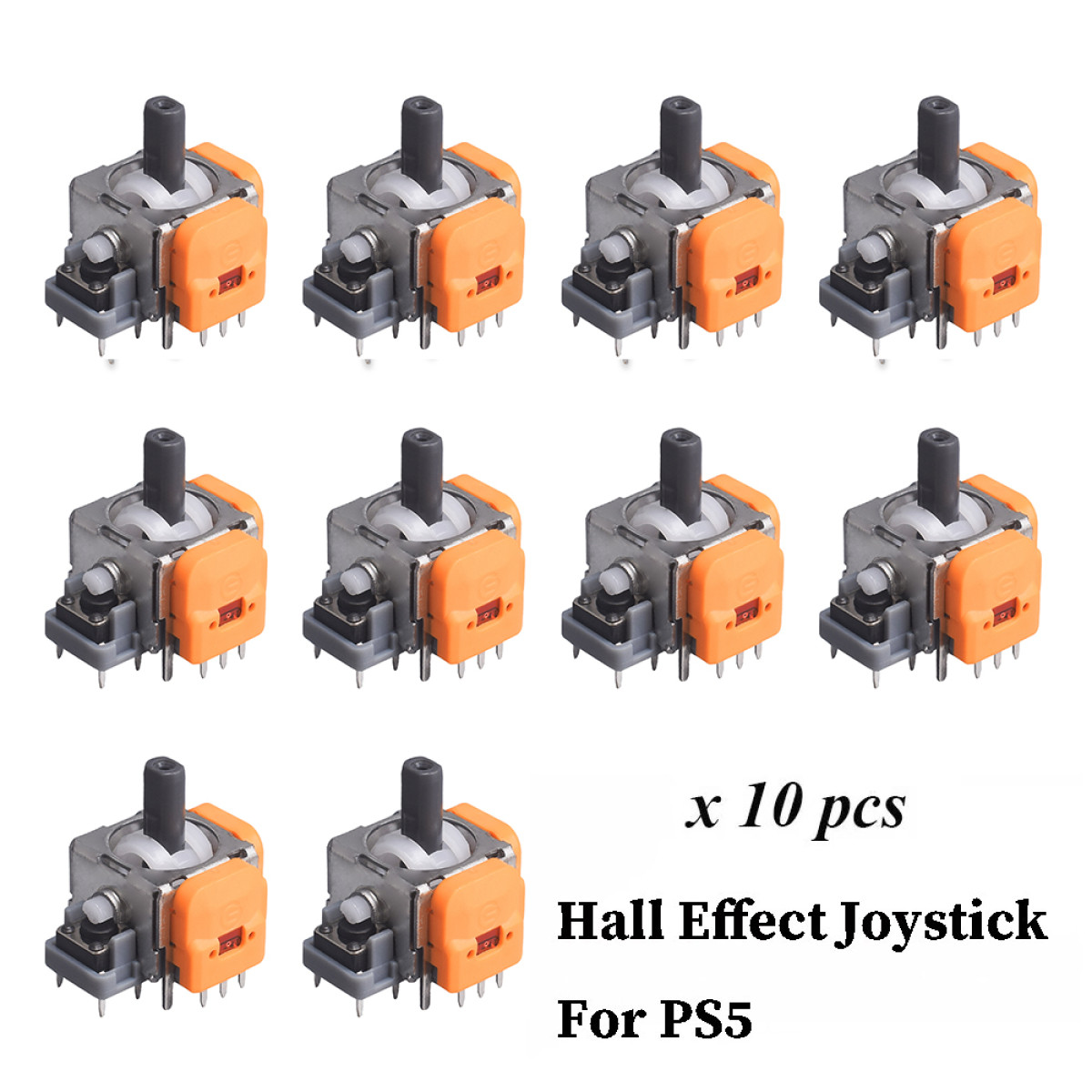 Ten hall effect joysticks for PS5 controllers, orange and gray with black stick.