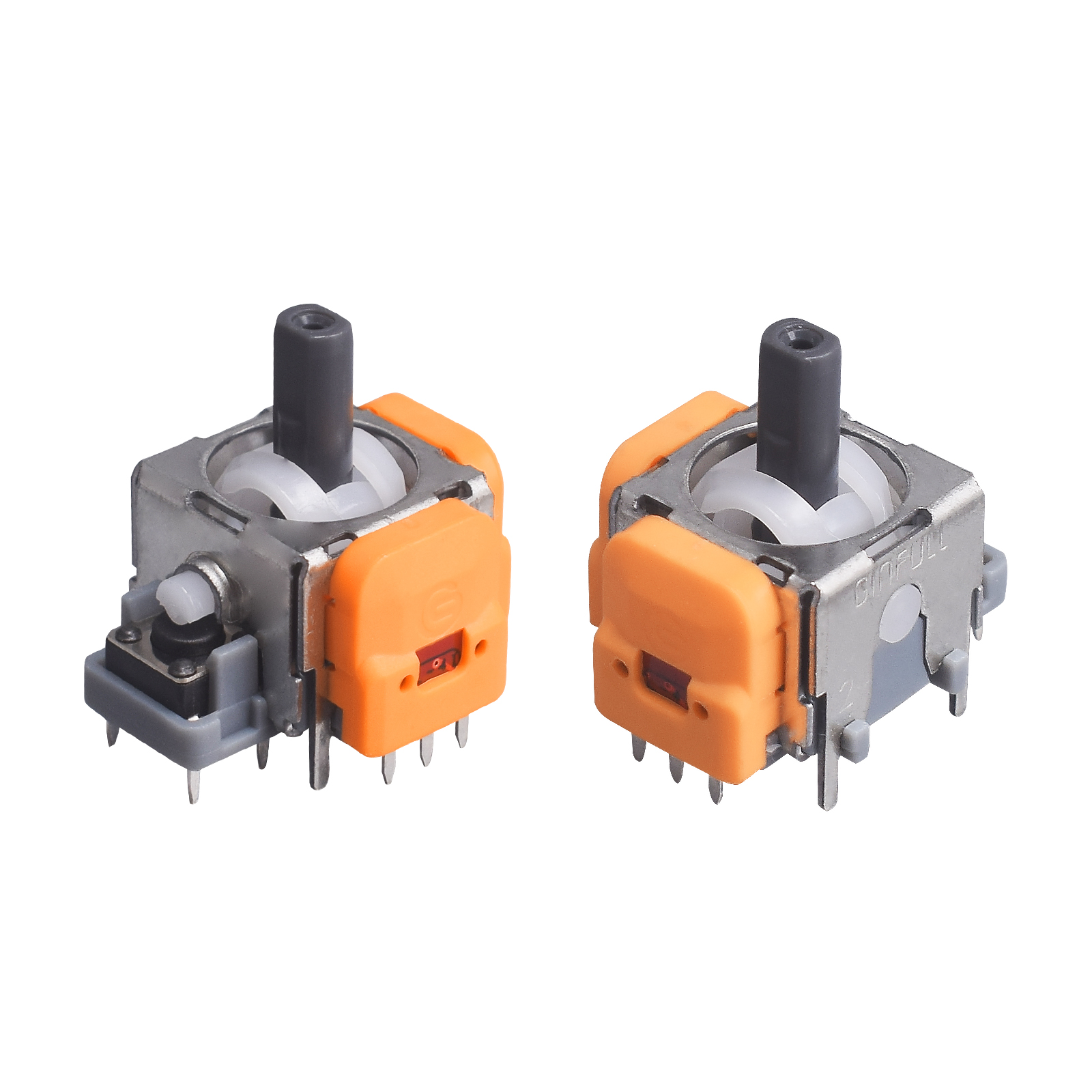 Two orange and grey joystick modules are shown. Each has a gray top and orange sides, on white.