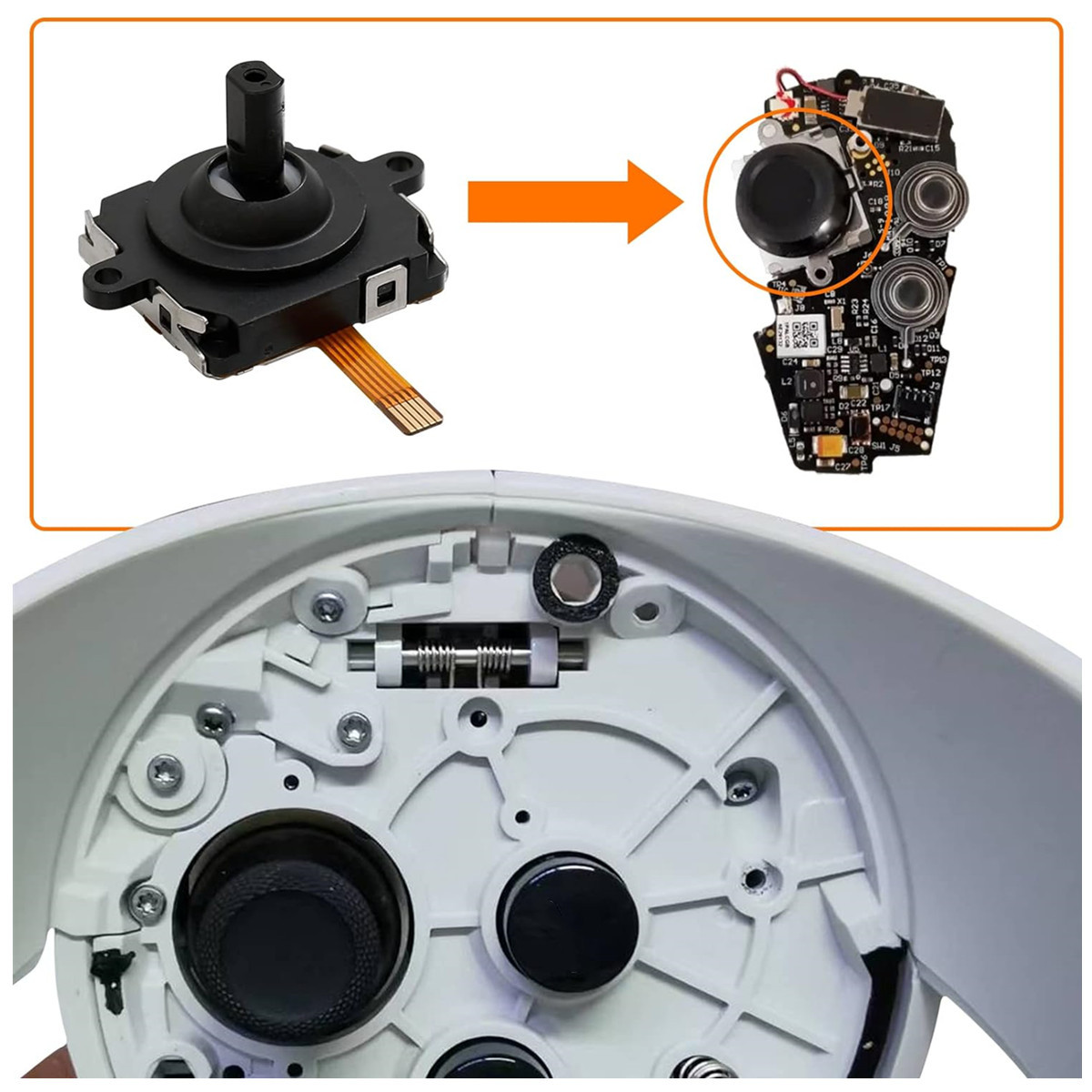 Parti di un controller di gioco smontate, con joystick e circuito stampato.