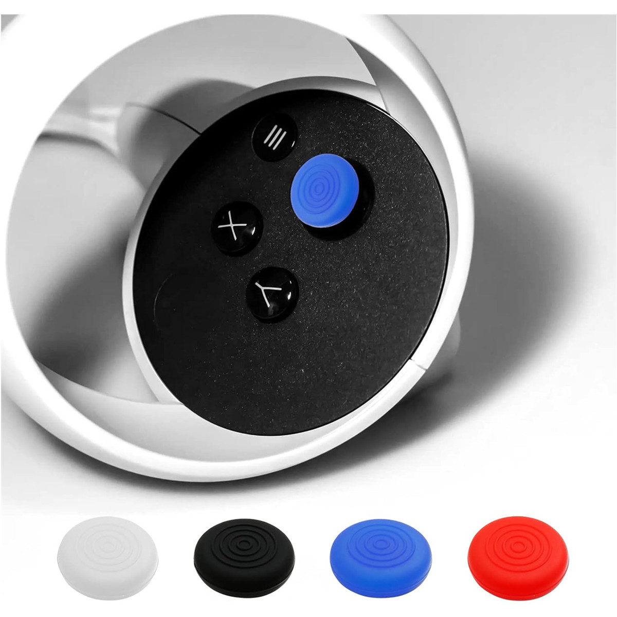 Primo piano di un controller per visore VR con pulsanti e quattro diversi copri pulsanti colorati.