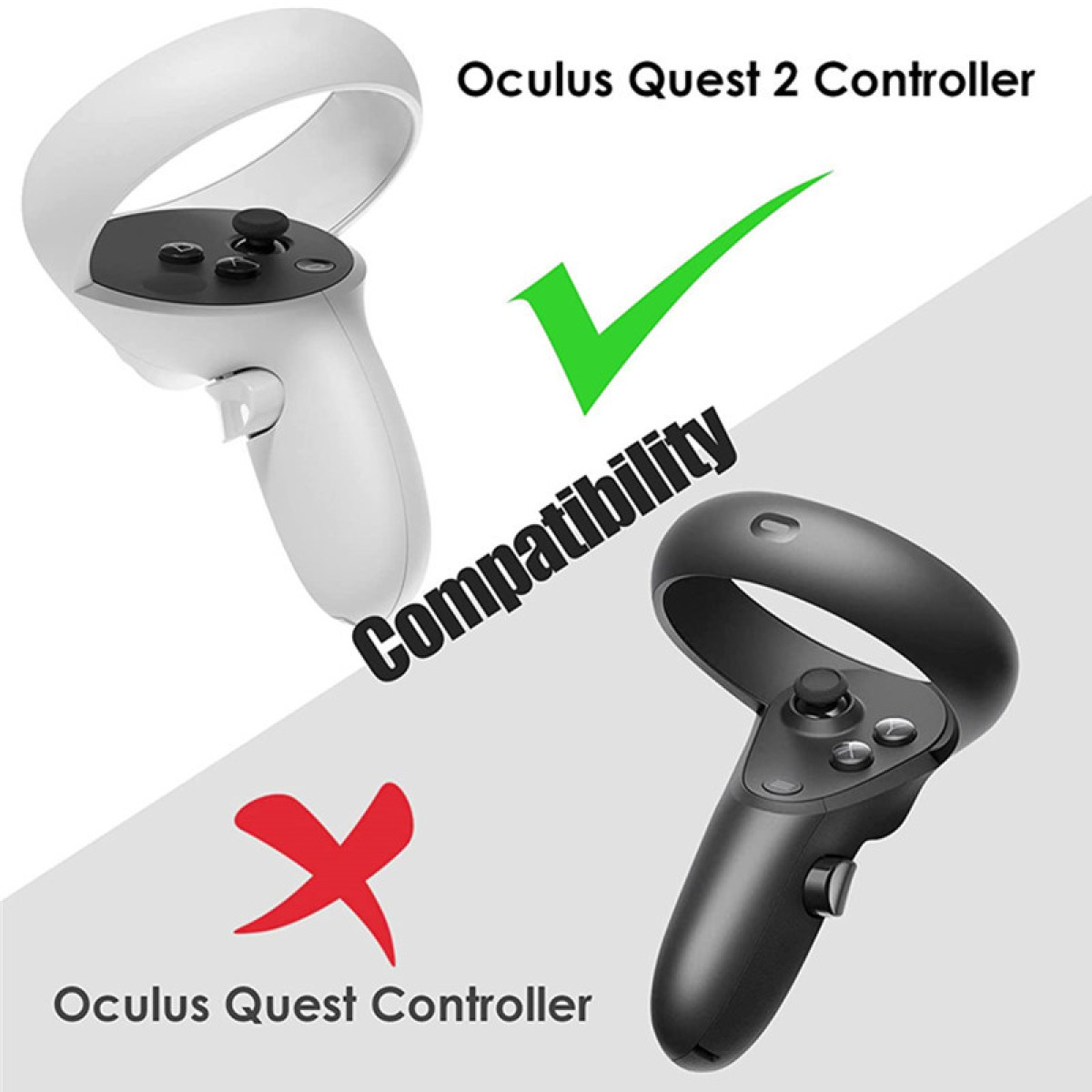 Confronto tra i controller Oculus Quest 2 e Oculus Quest, con un segno di spunta di compatibilità.