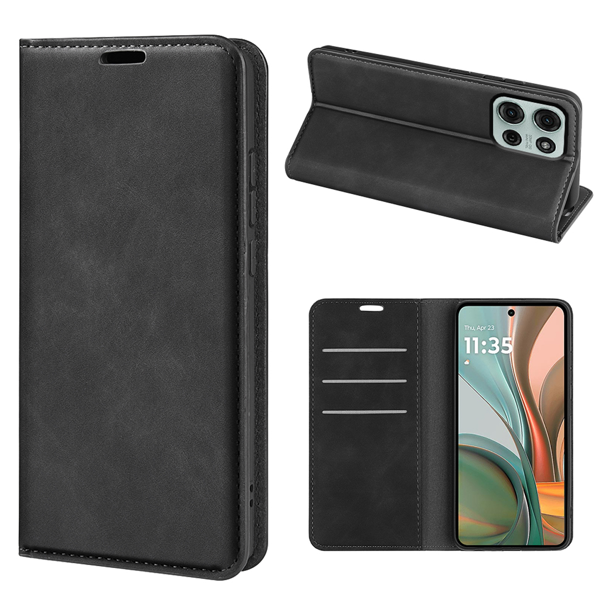 Zwarte leren telefoonhoes, open, met telefoon en kaartsleuven, witte achtergrond.
