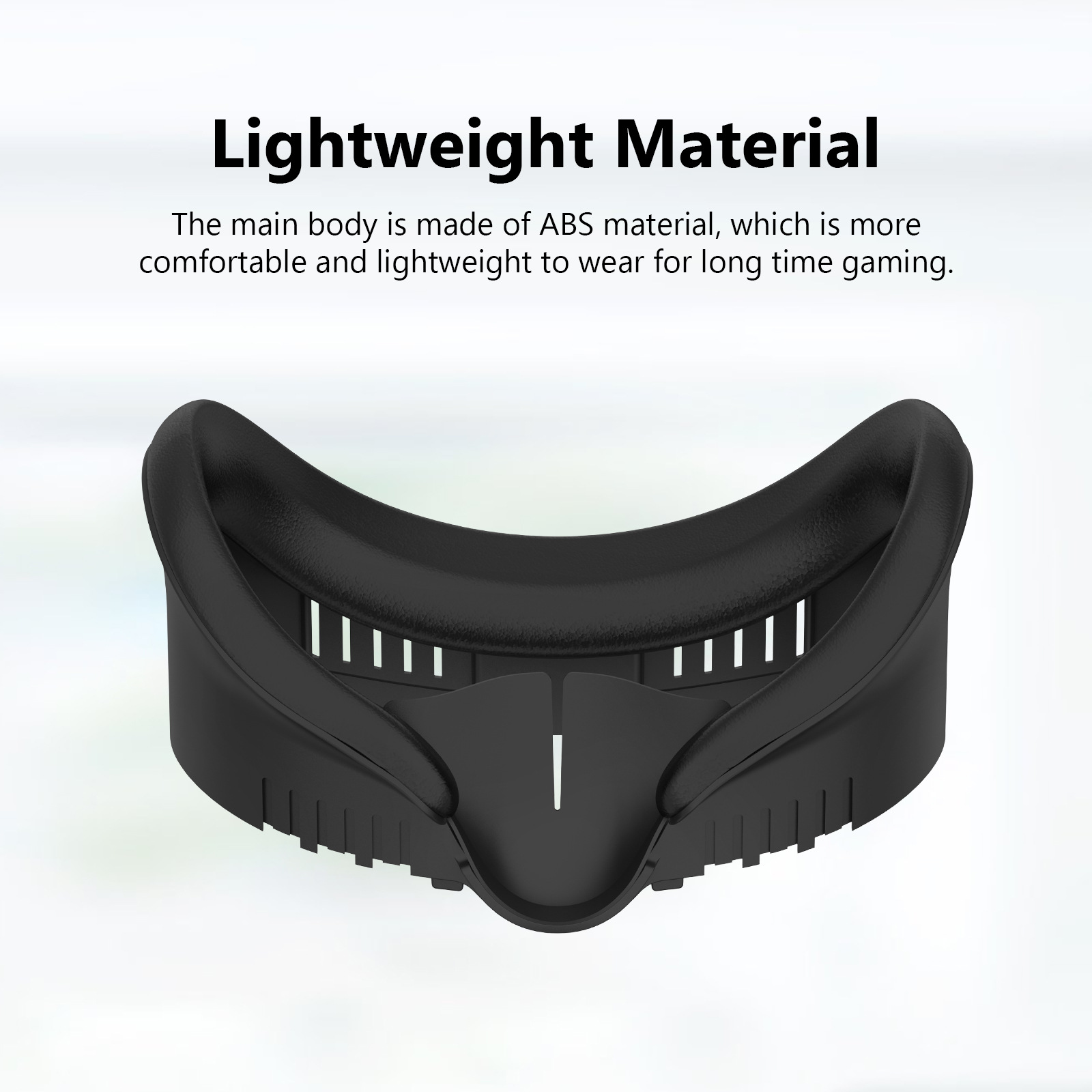 Czarna osłona twarzy zestawu słuchawkowego VR. Tekst wspomina, że jest lekka i wygodna do grania.