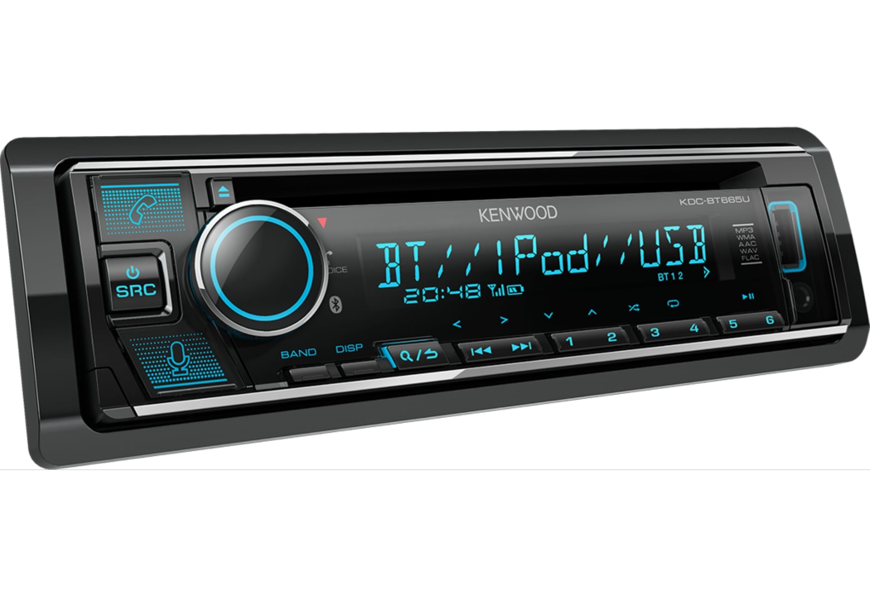 Kenwood Autoradio. Schwarze Front mit Display und Knöpfen. Zeigt BT, iPod, USB. Silberne Knöpfe und schwarzer Hintergrund.