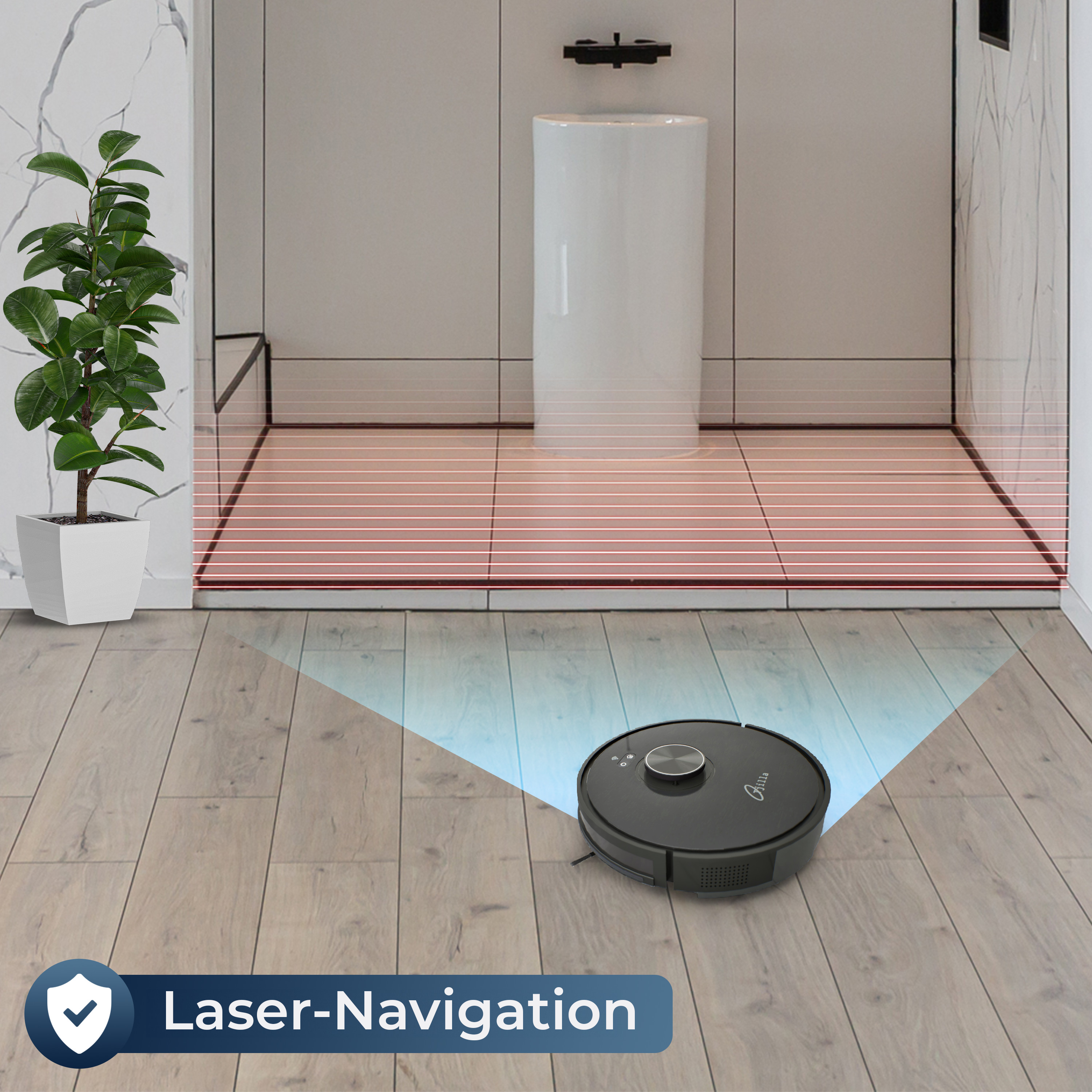 Roboterstaubsauger reinigt Holzboden. Rote Linien markieren den Reinigungsbereich. Pflanze und Toilette im Hintergrund.