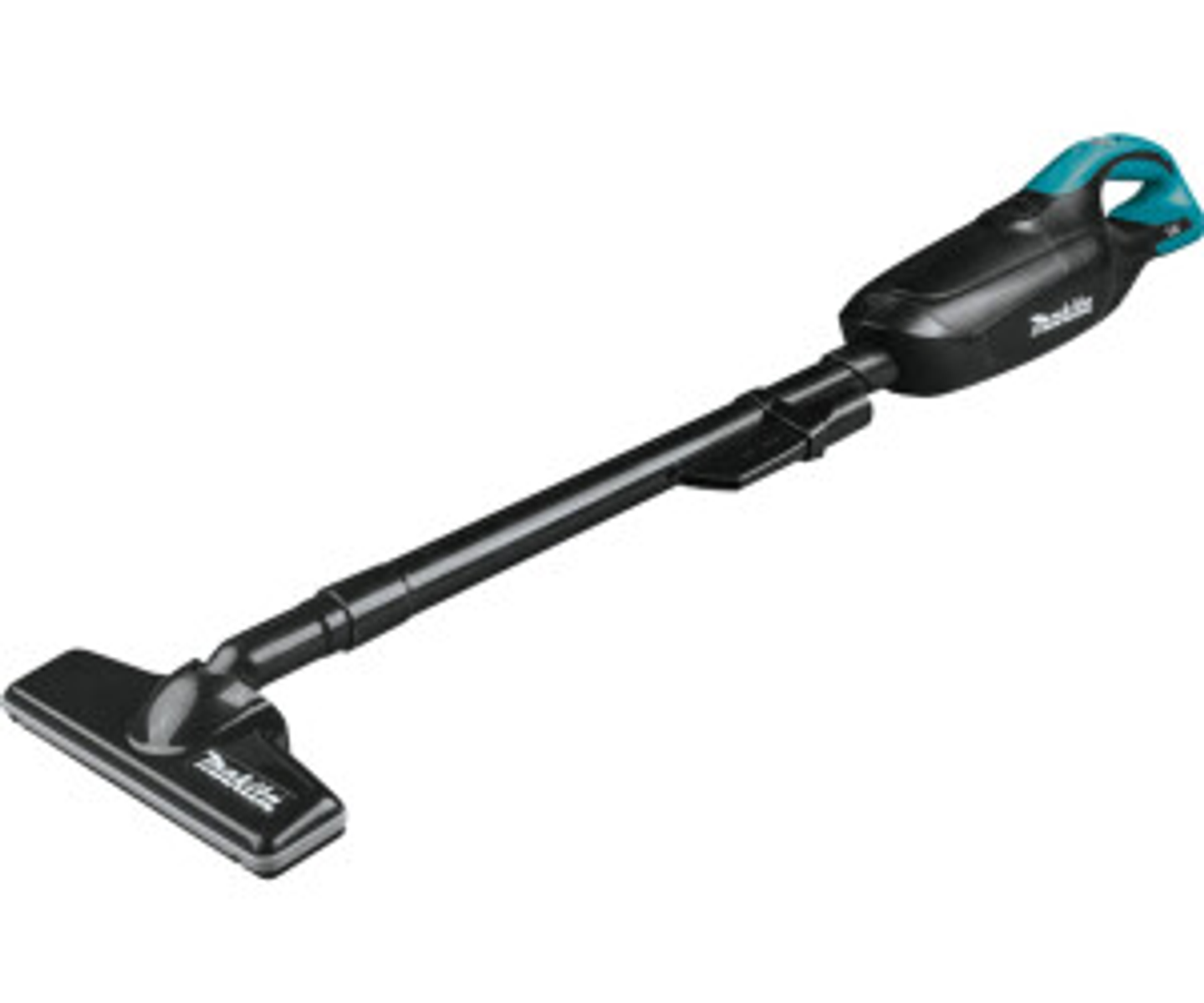 A black and teal cordless vacuum cleaner is on a white background.