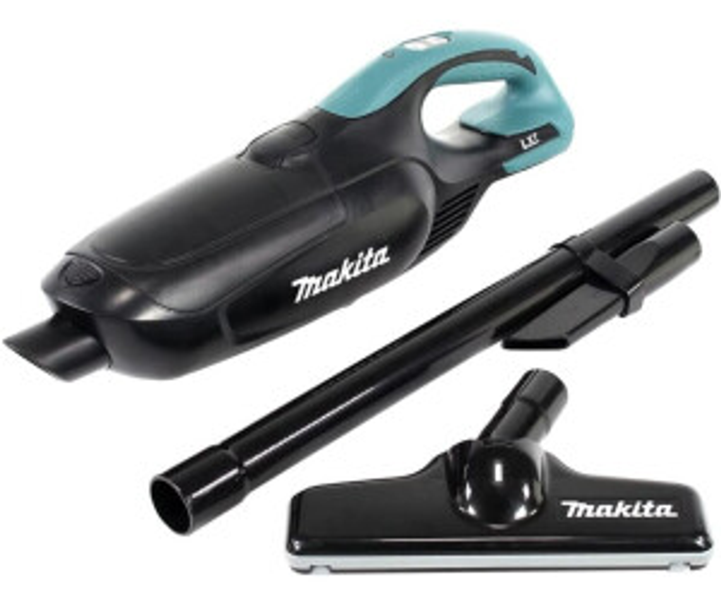 A black and teal Makita cordless vacuum cleaner with attachments. It is on a white background.