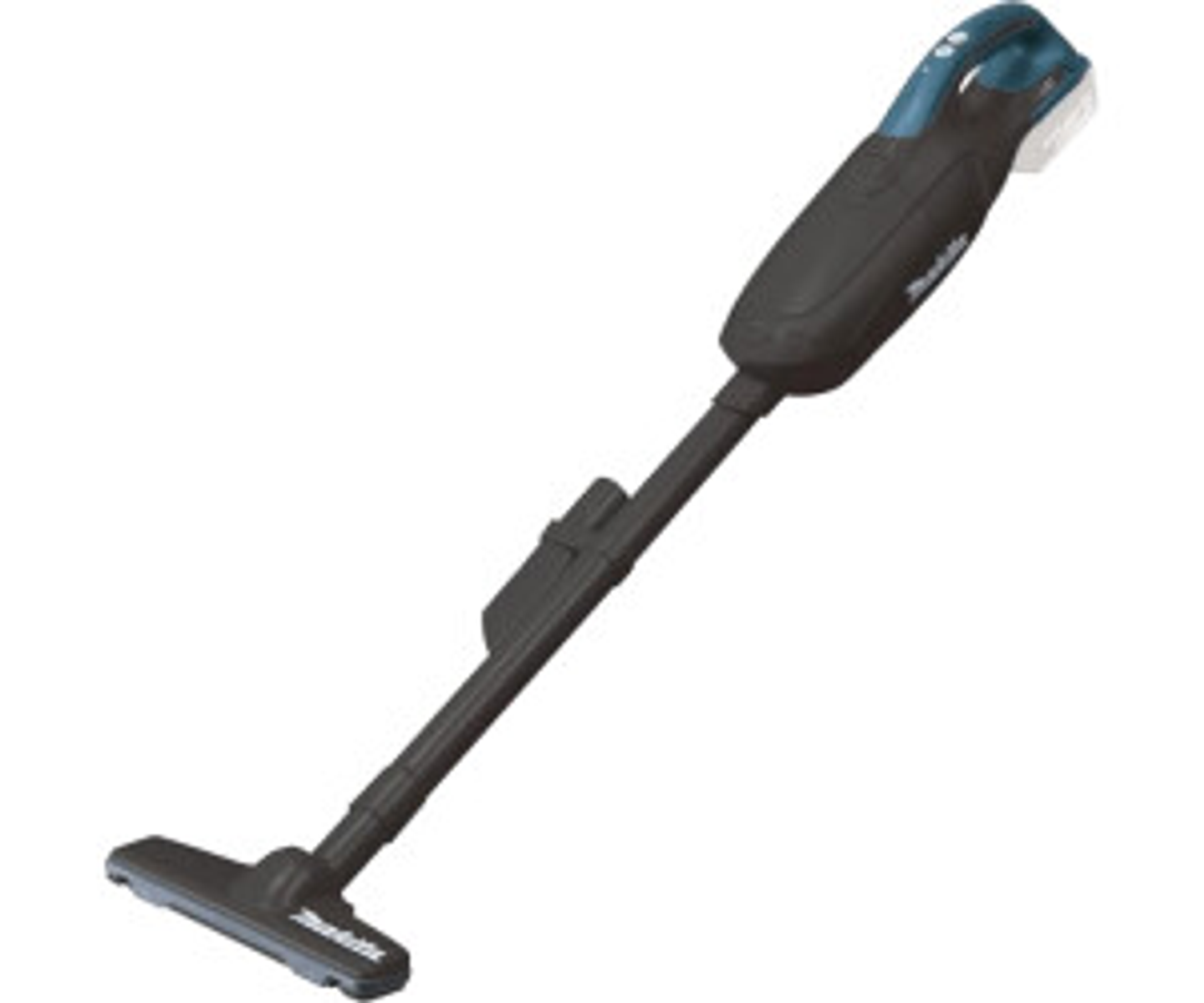 Black and blue cordless vacuum cleaner on white. It has a long handle and a brush head.