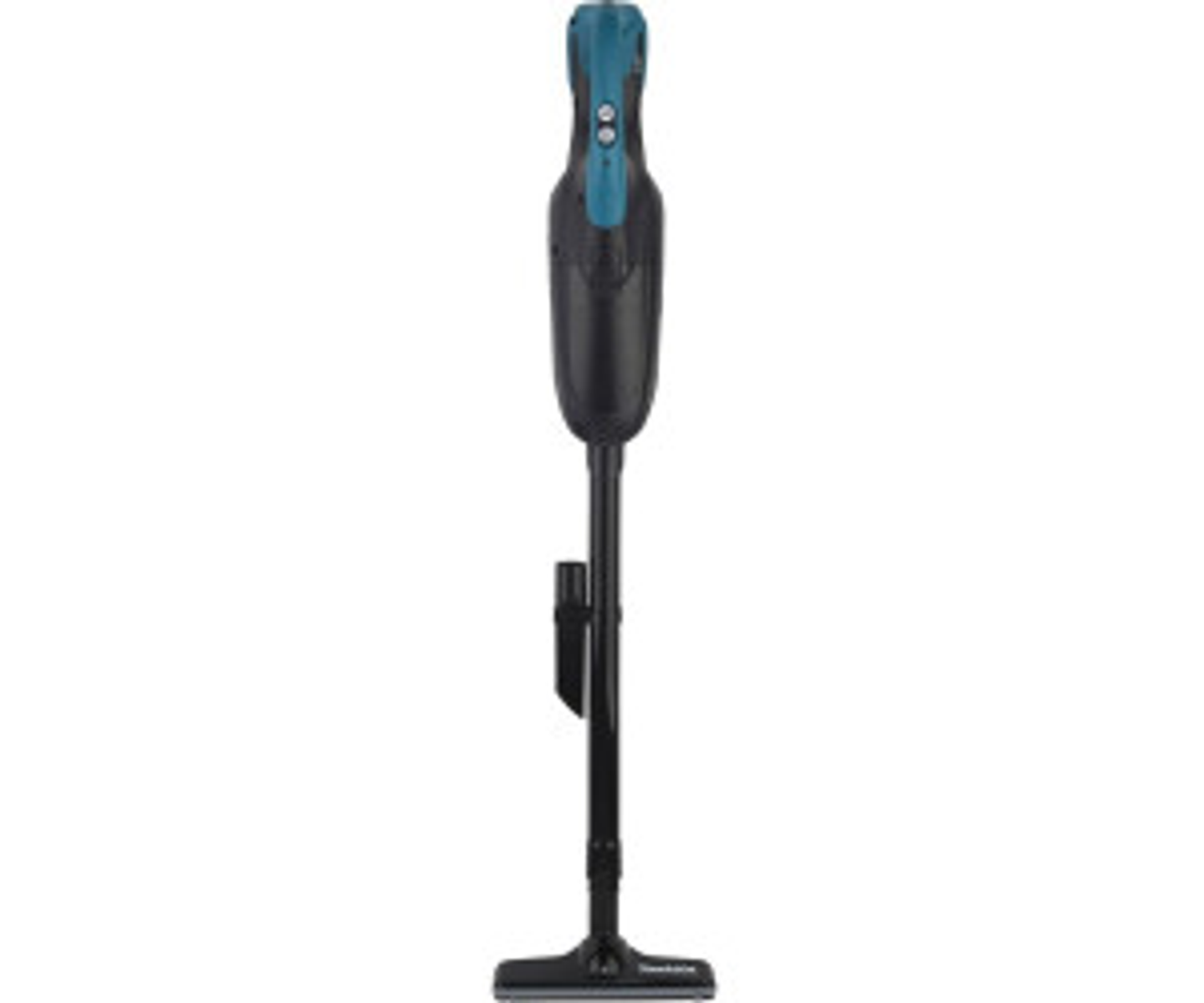A black and teal handheld vacuum cleaner on a white background.
