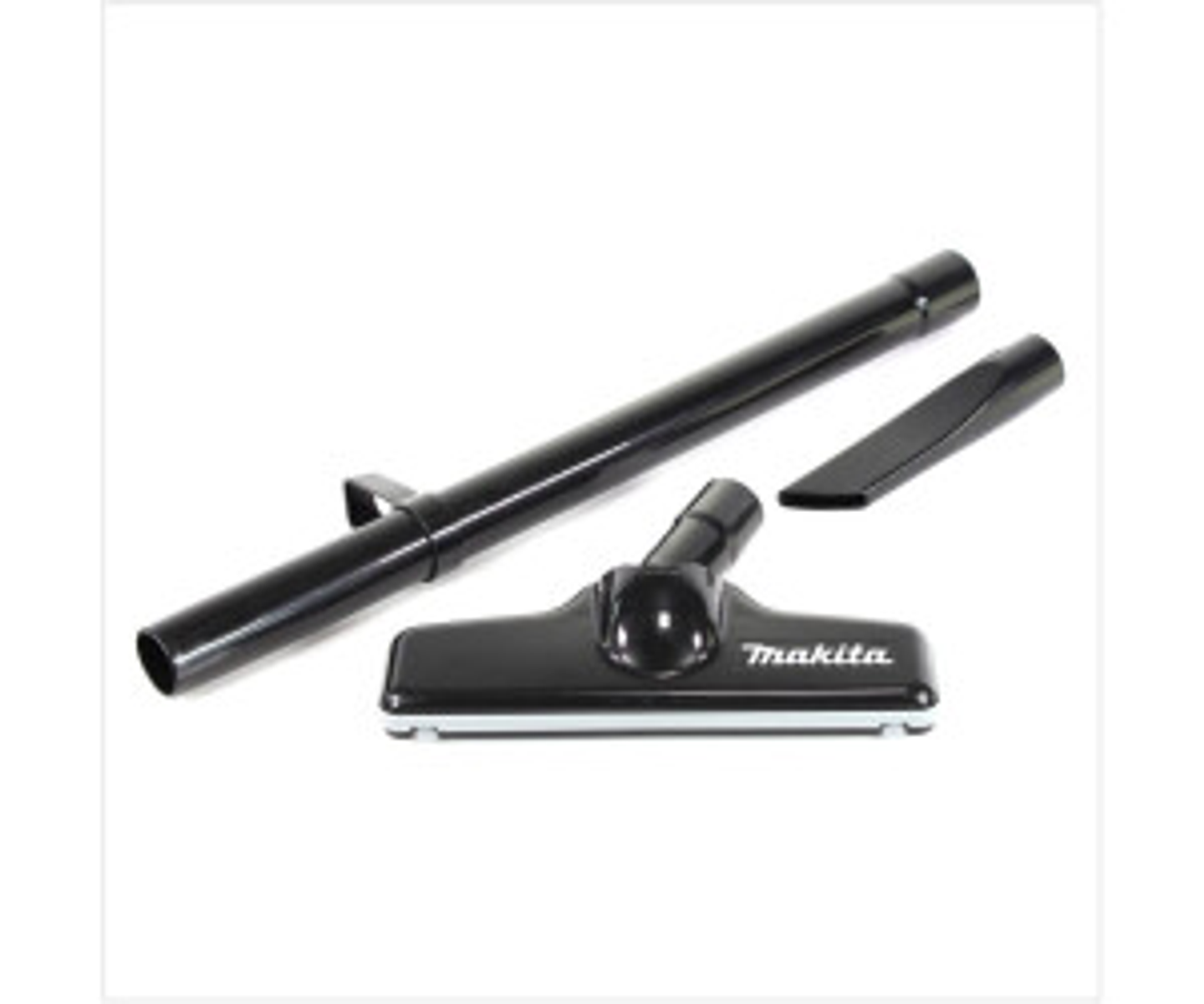 Black vacuum cleaner attachments, including a wand, a crevice tool, and a brush head.