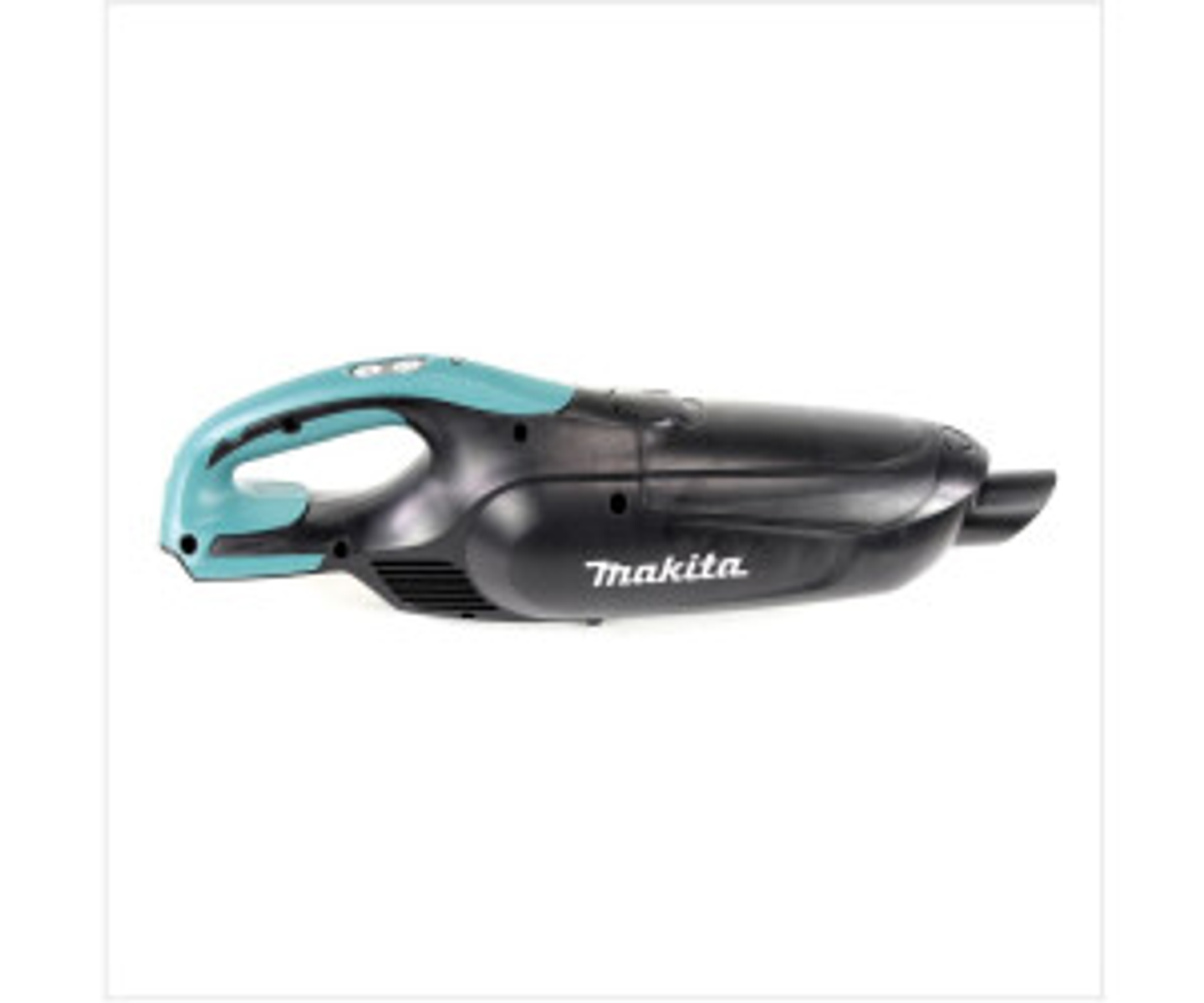 Black and teal Makita handheld vacuum cleaner, shown on a white background.