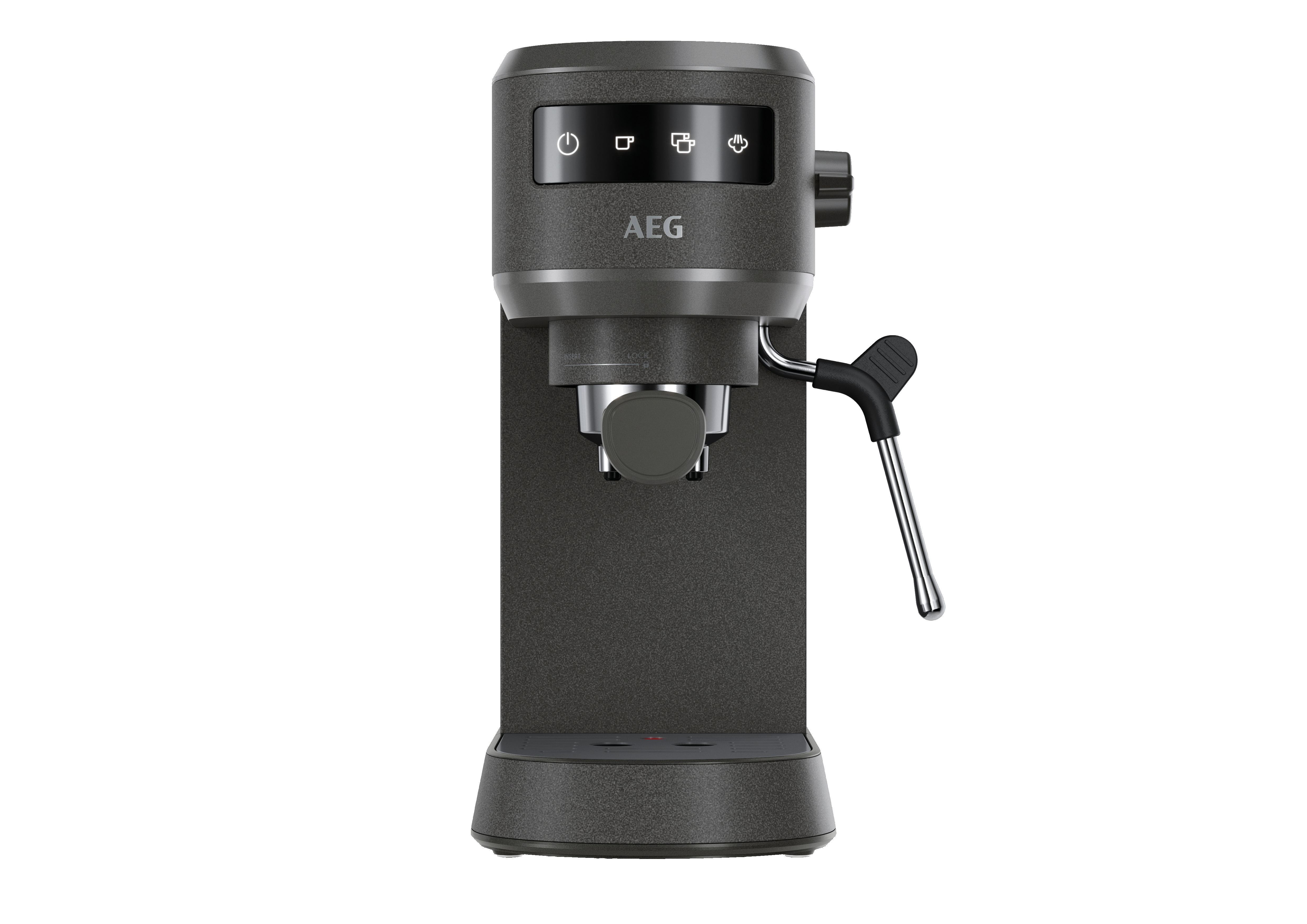 Ciemnoszara ekspres do kawy z przyciskami zasilania, dyszą do pary i uchwytem, na białym tle.