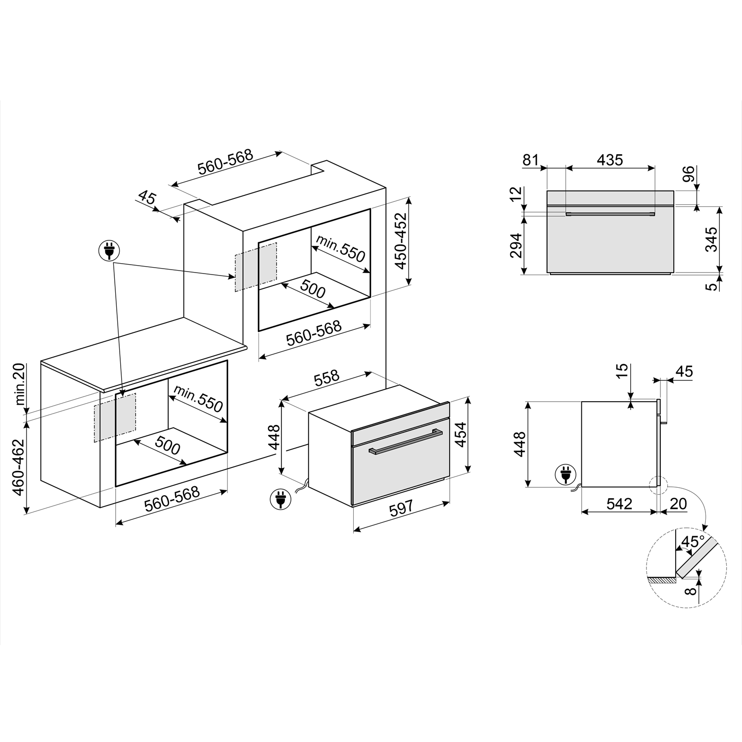 Schema di forno a incasso e cassetto, con dimensioni e simboli elettrici.