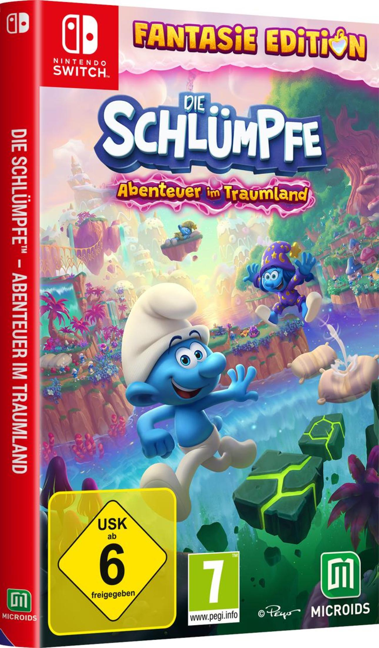Ein Nintendo Switch-Spielcase mit Schlümpfen in einer Traumwelt. Die Spielbox steht vor weißem Hintergrund.