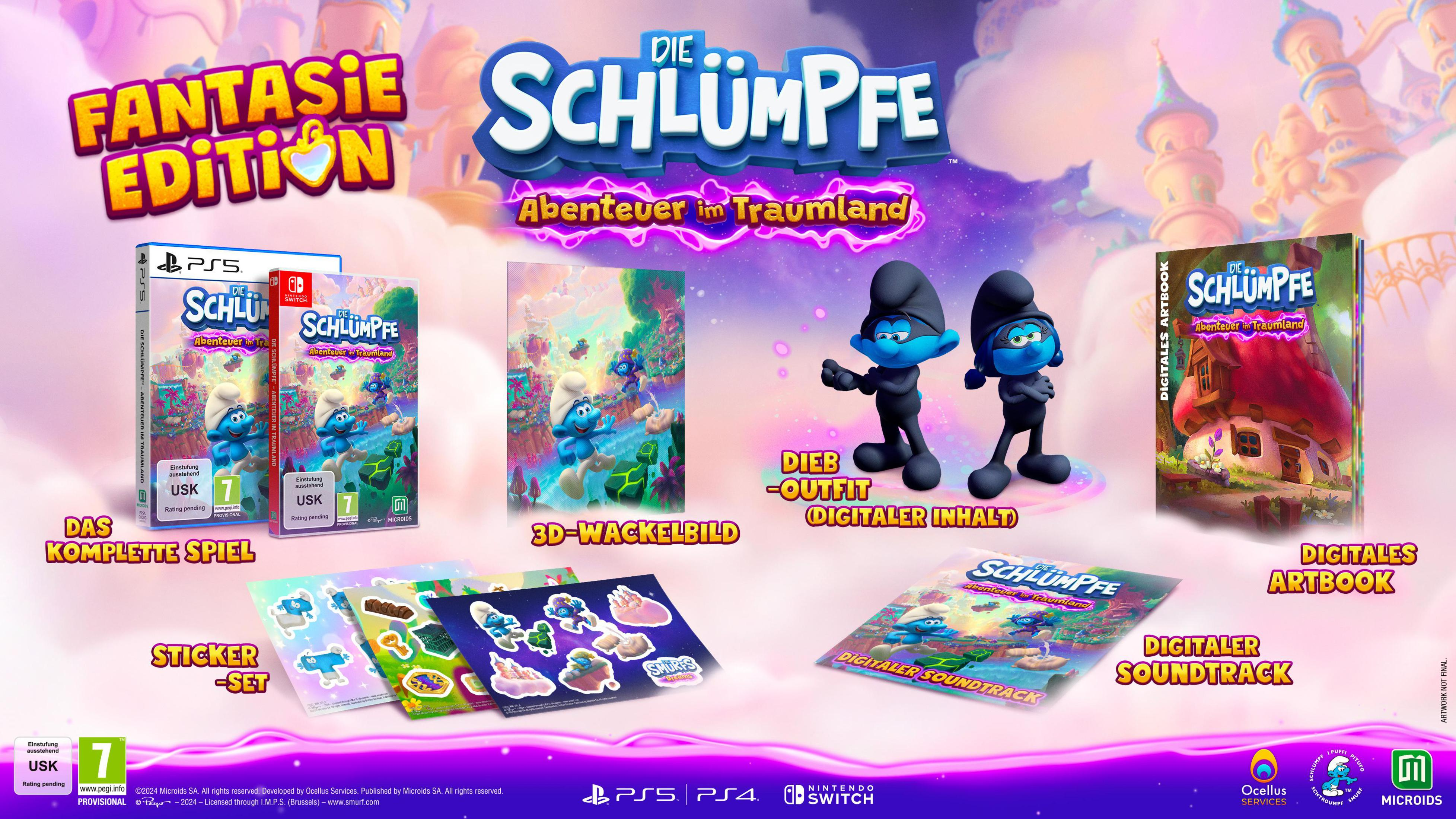 Werbebild des Schlumpf-Traumland-Spiels mit Spieleboxen und Merchandise.