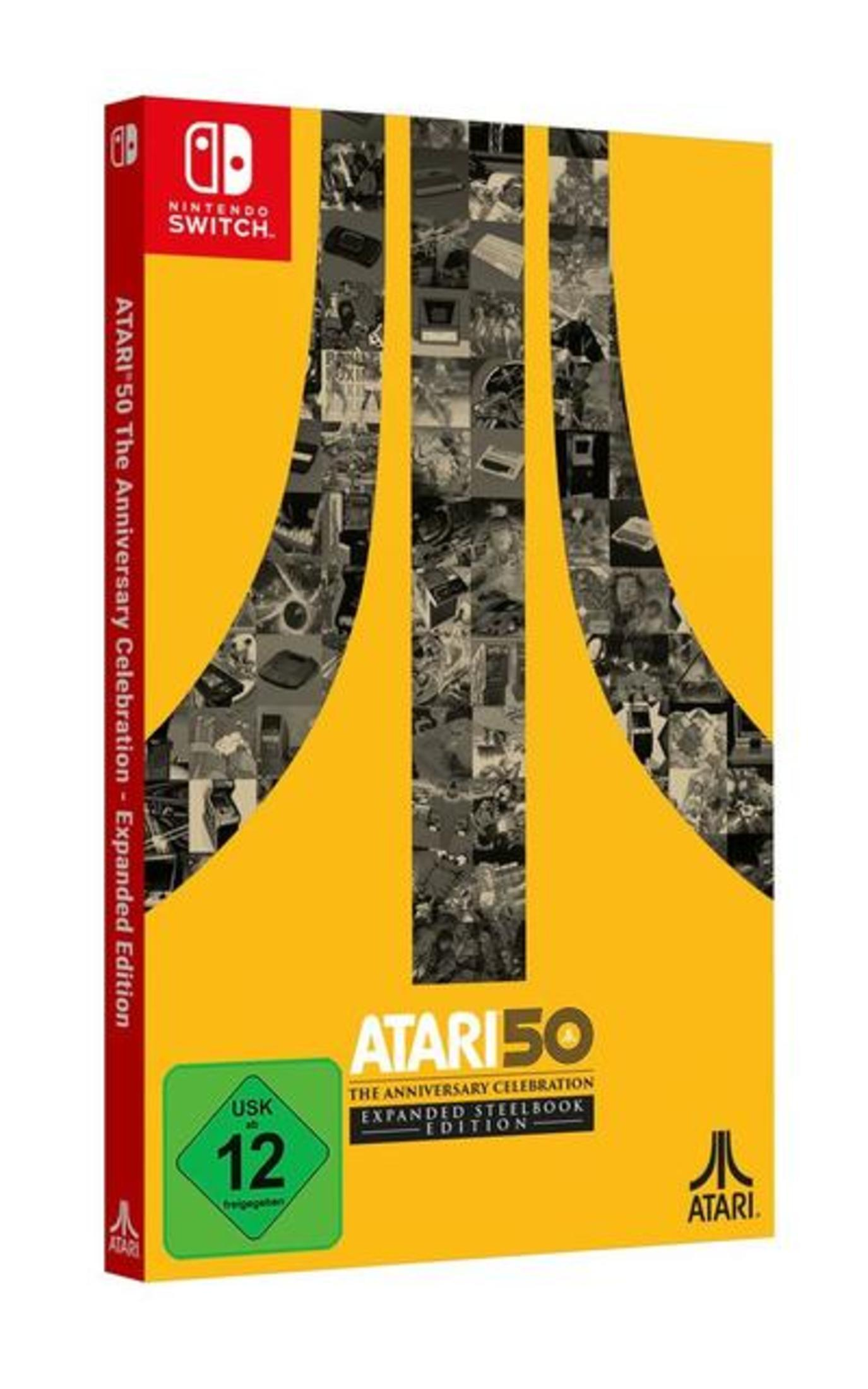 Atari 50 Spiel für Nintendo Switch, gelbe Box mit mehreren Retro-Spielbildern.