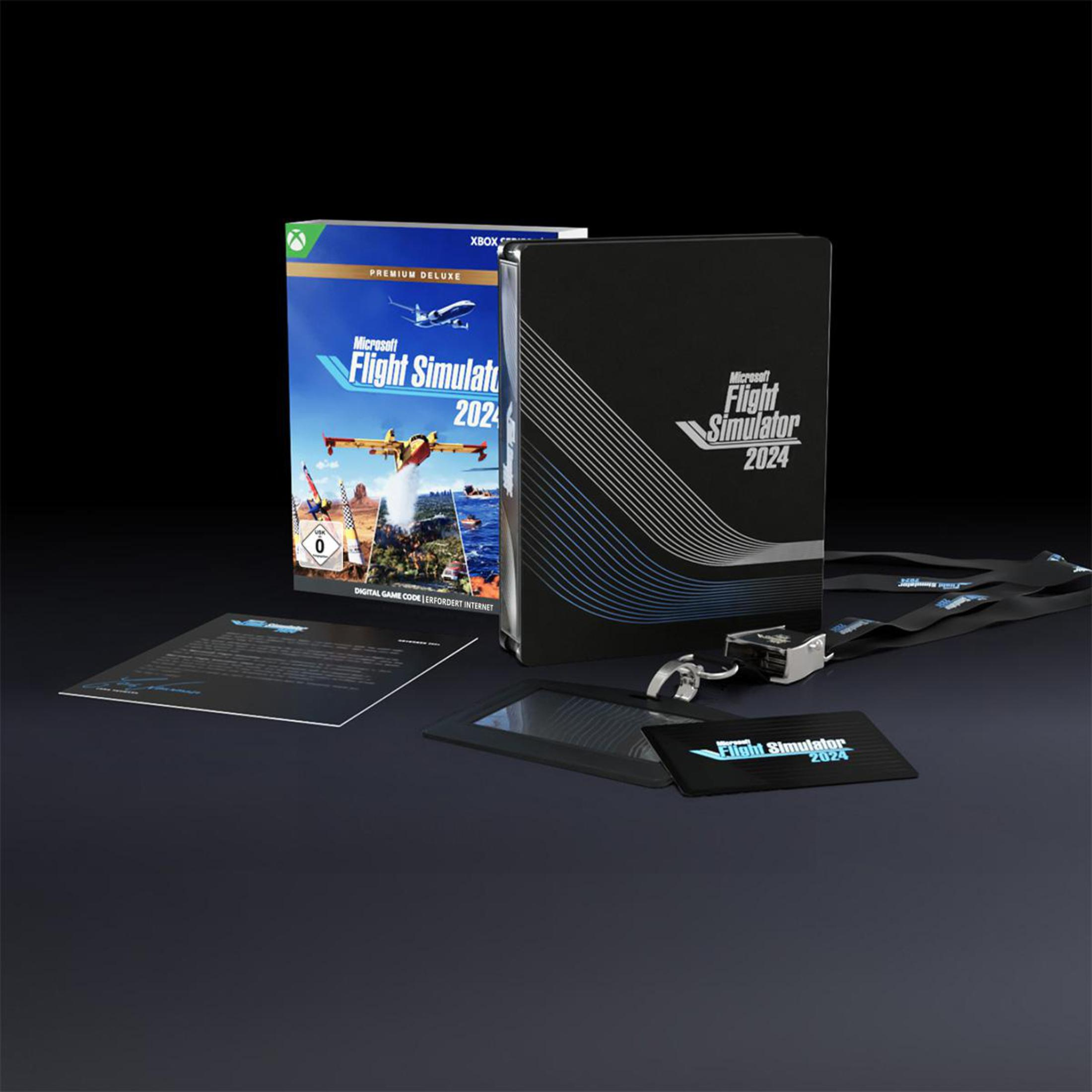 Set di scatole di Microsoft Flight Simulator 2024, tra cui una scatola di gioco, un libro e altri accessori.