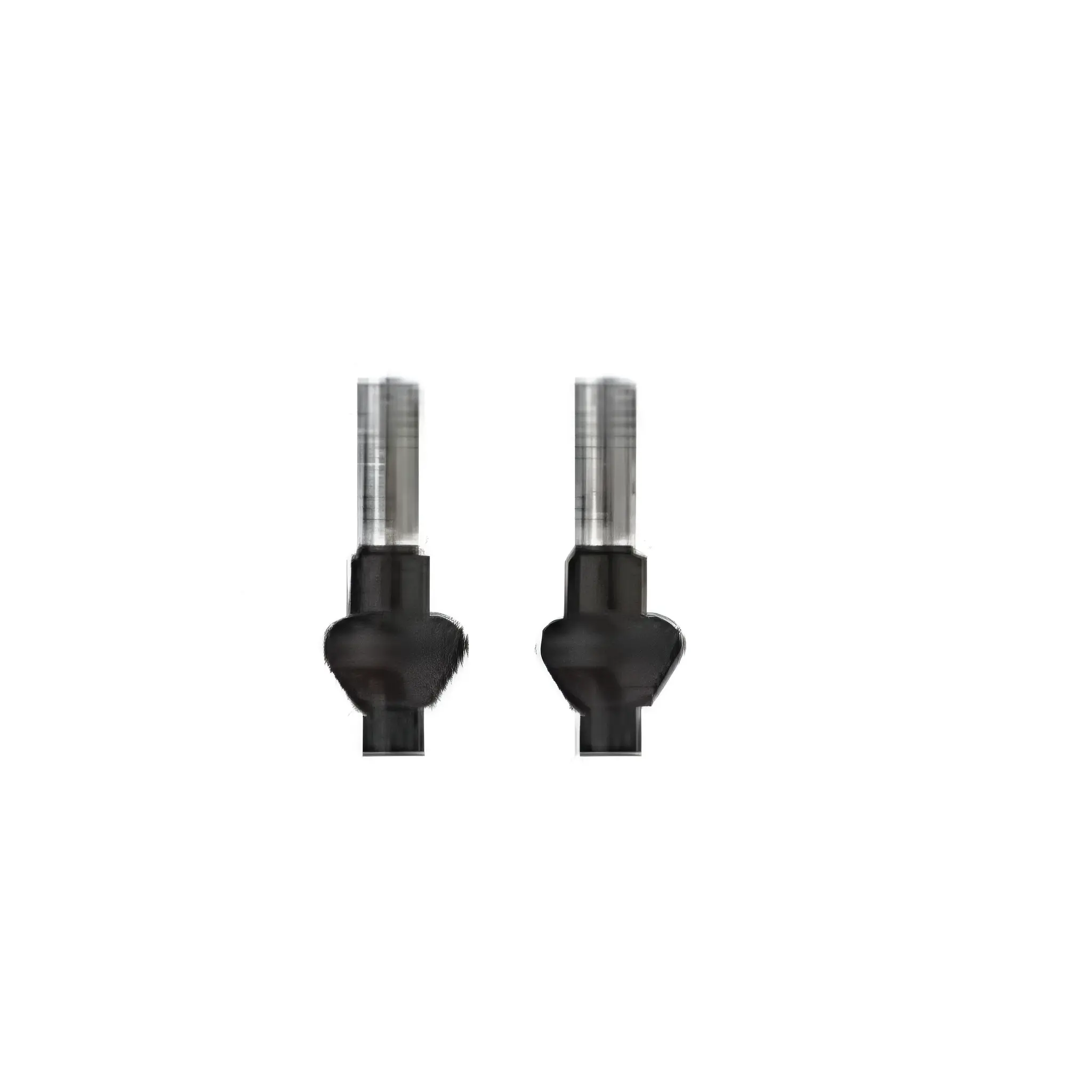 Two small, black, cylindrical objects with metal tips. They are on a white background.
