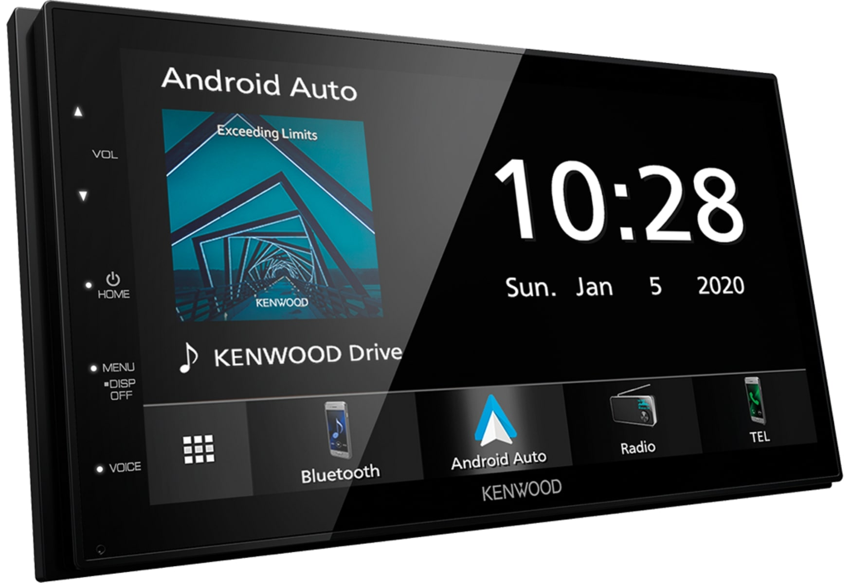 Schwarzer Kenwood Autoradio-Bildschirm. Der Bildschirm zeigt Android Auto und Zeit.