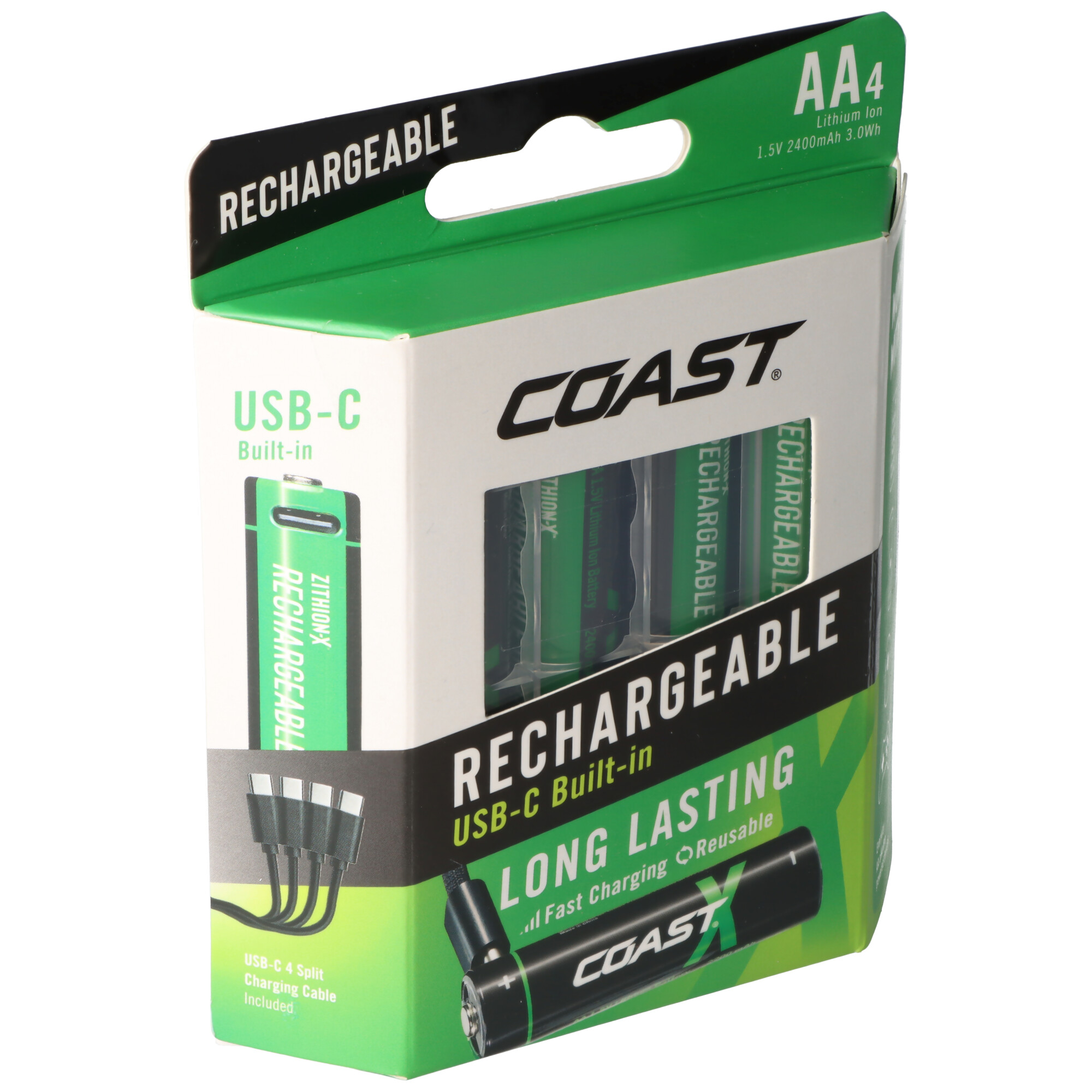 Eine Box mit wiederaufladbaren AA-Batterien, mit USB-C-Ladekabel und Batteriedetails.