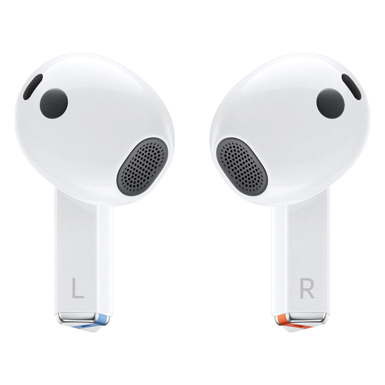 Dwa białe bezprzewodowe słuchawki z czarną siatką na głośniku, oznaczone L i R.