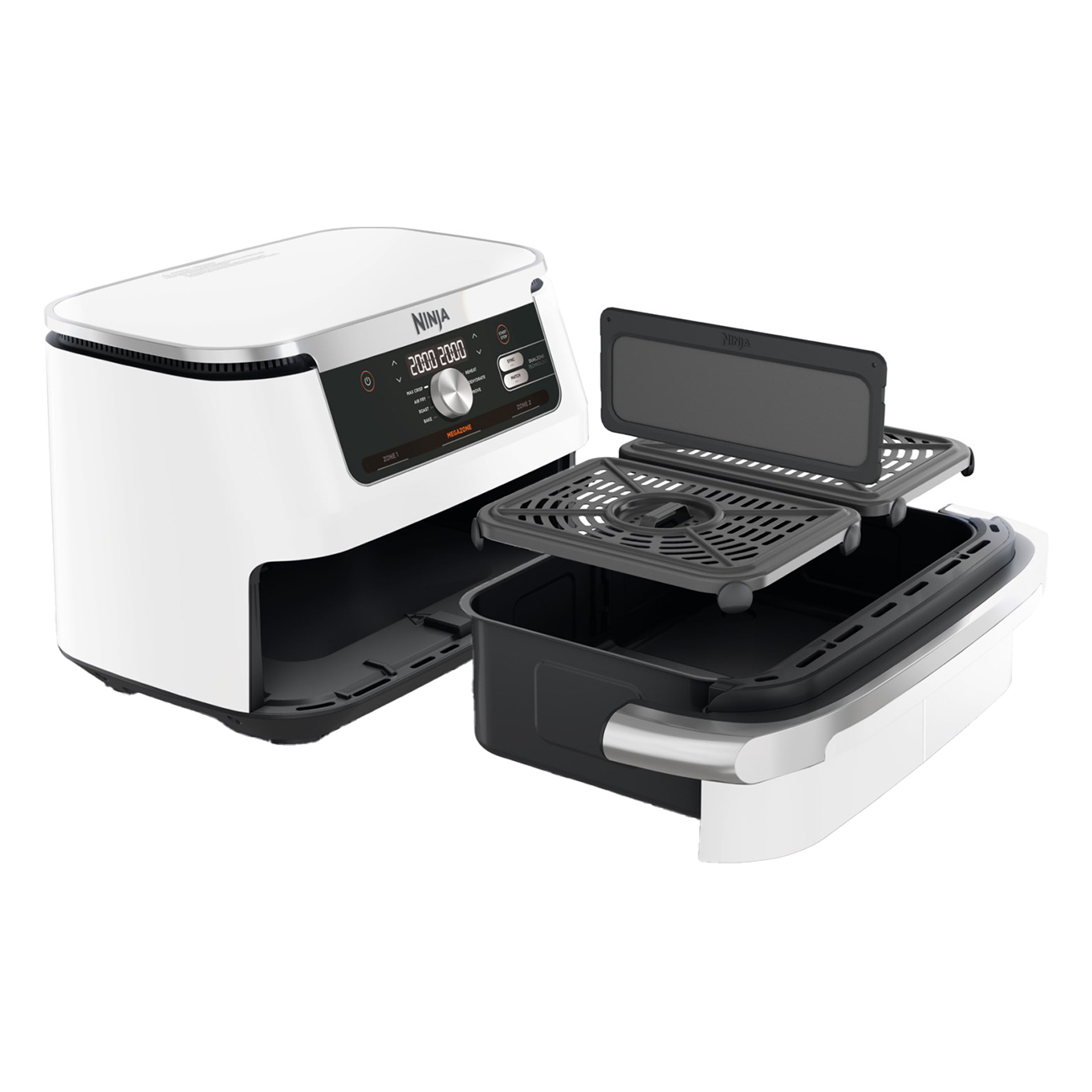 Czarna i biała frytownica powietrzna z wyjmowanymi tacami i czarnym koszem na białym tle.