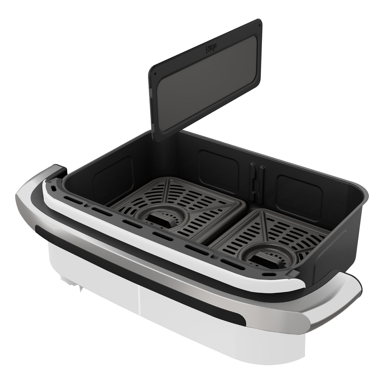 Otwarta czarno-biała frytkownica powietrzna z dwoma koszami i pokrywą.