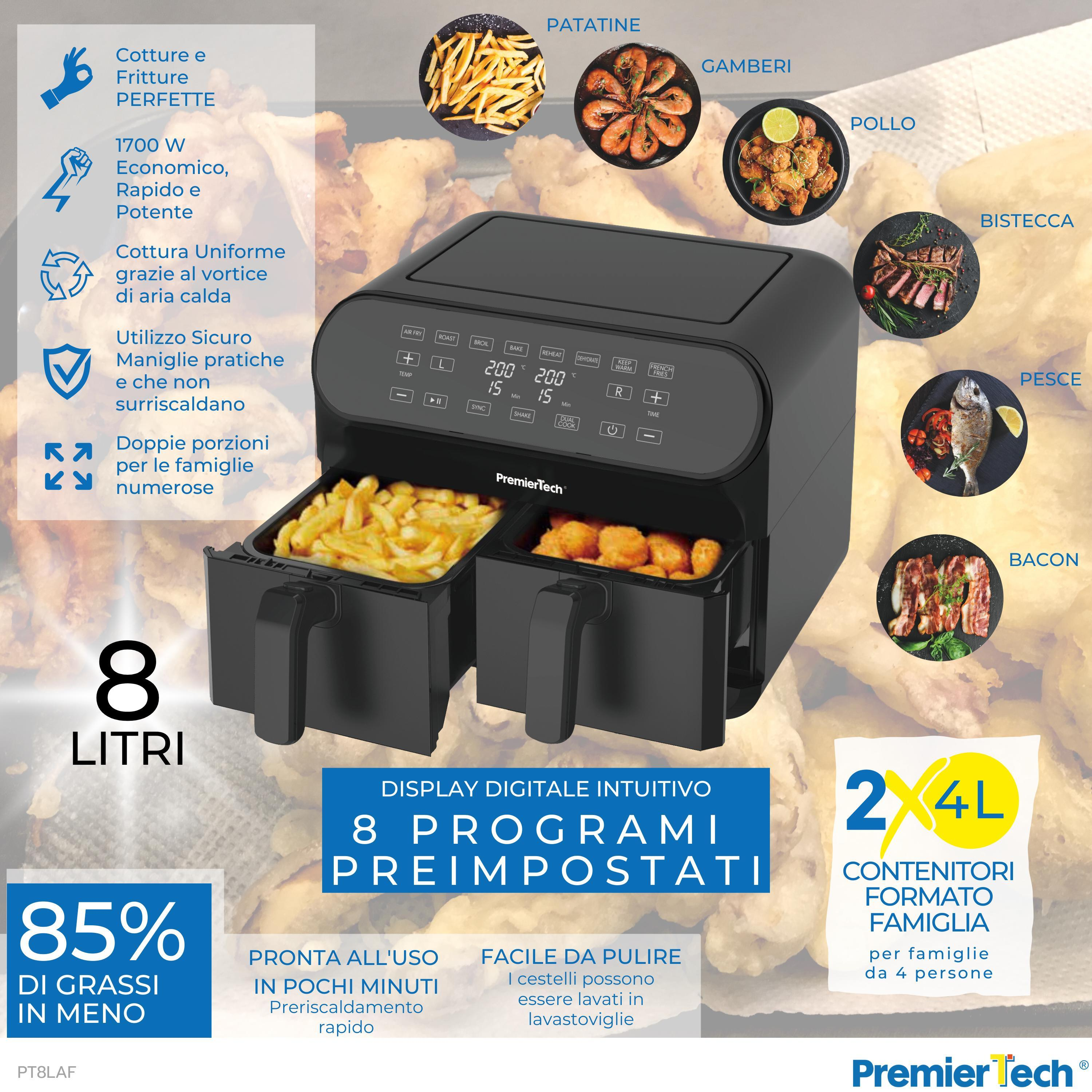 Friggitrice ad aria nera con immagini di cibo, testo e funzionalità.