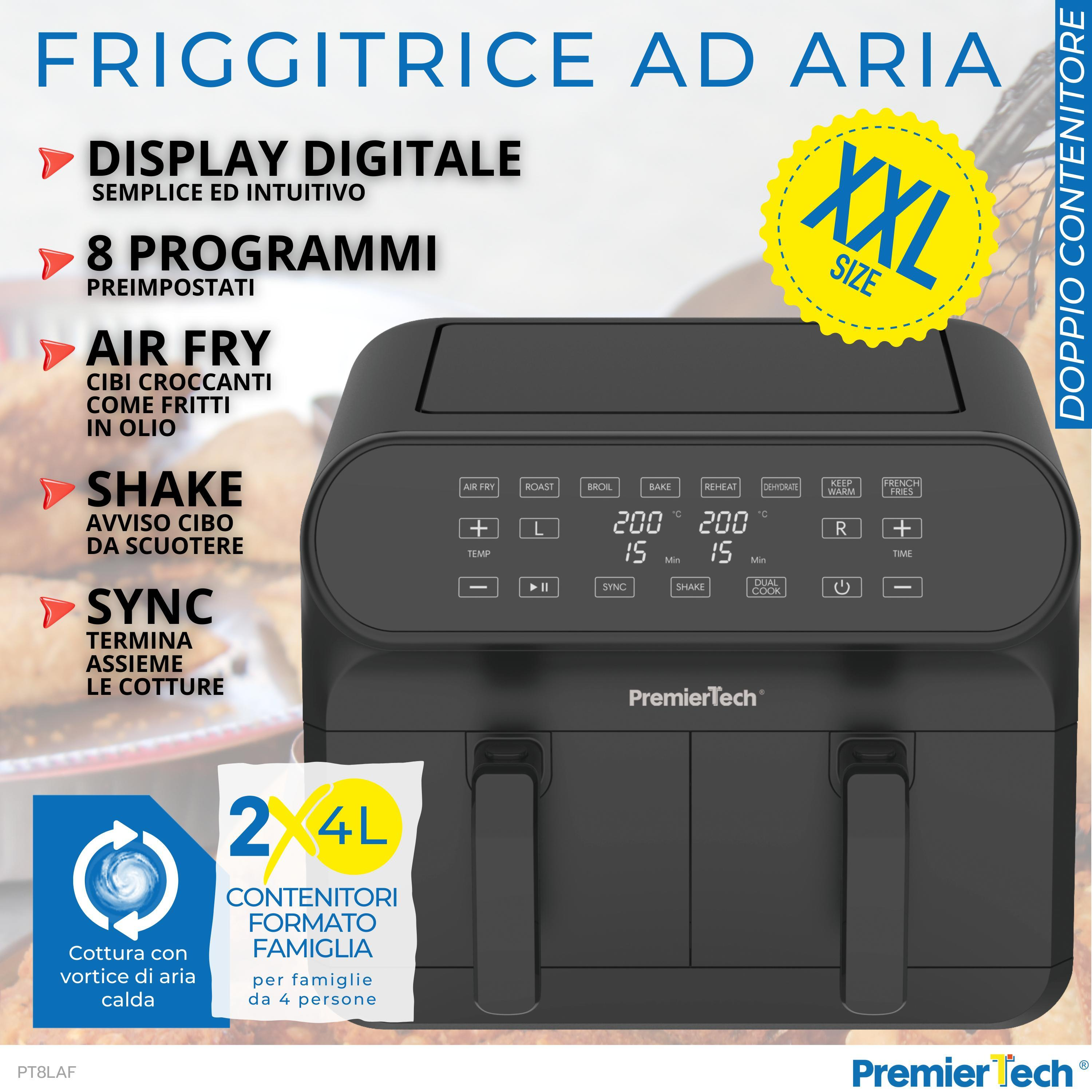 Friggitrice ad aria con display digitale, 8 programmi, air fry, funzione shake e sync.