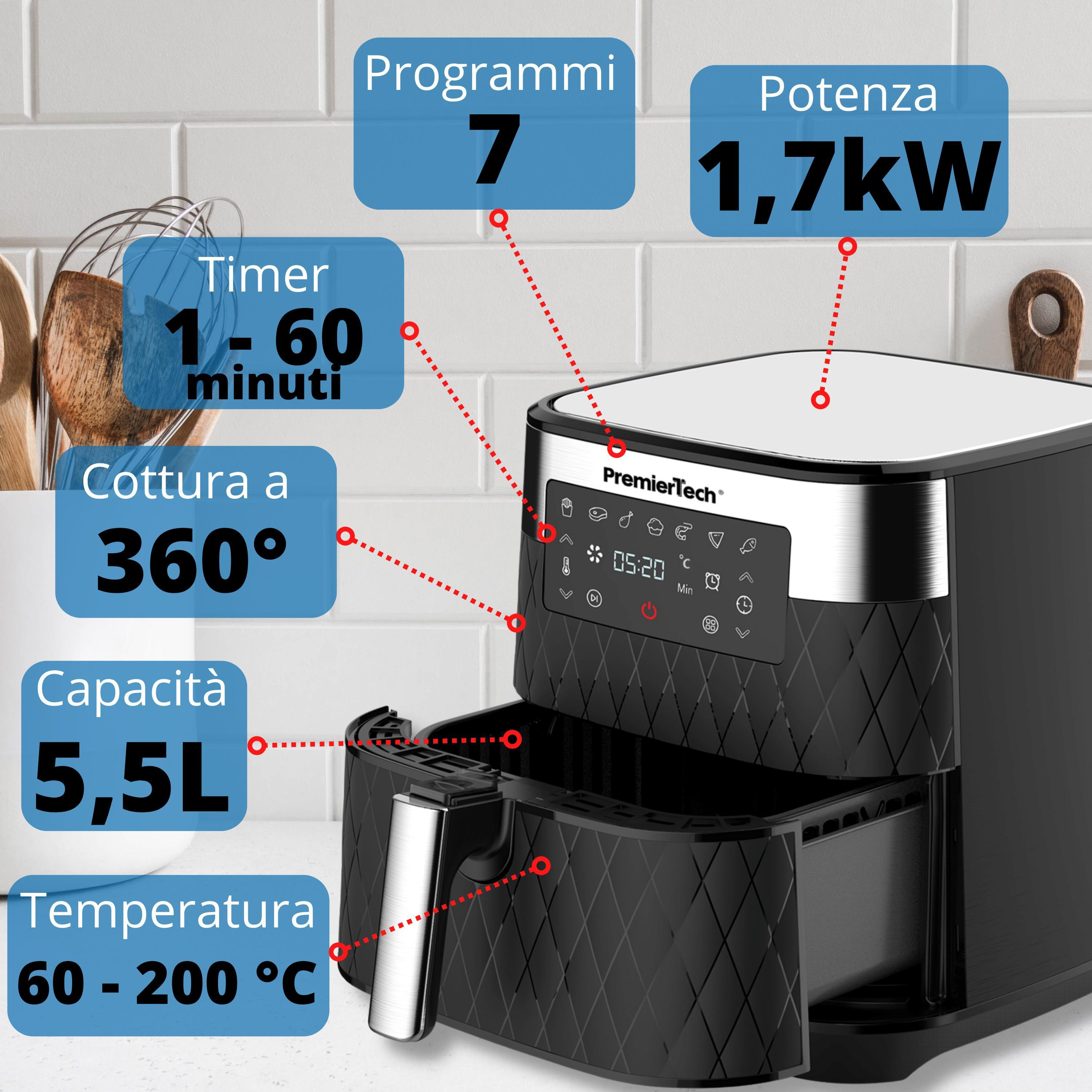 Friggitrice ad aria nera con display digitale, timer e impostazioni.